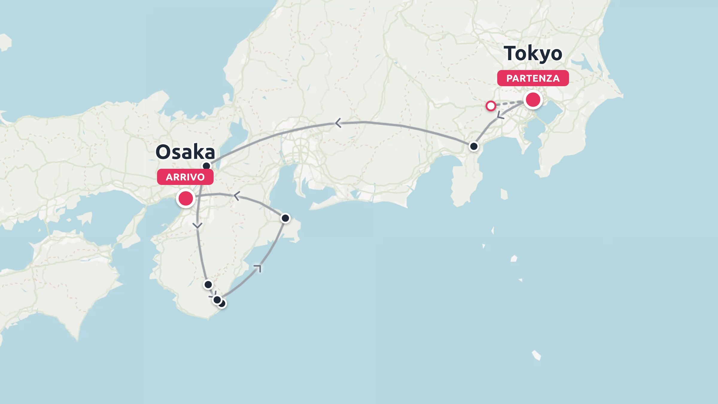Una mappa dell'itinerario di viaggio in Giappone che mostra un percorso con partenza da Tokyo e arrivo a Osaka con tappe costiere