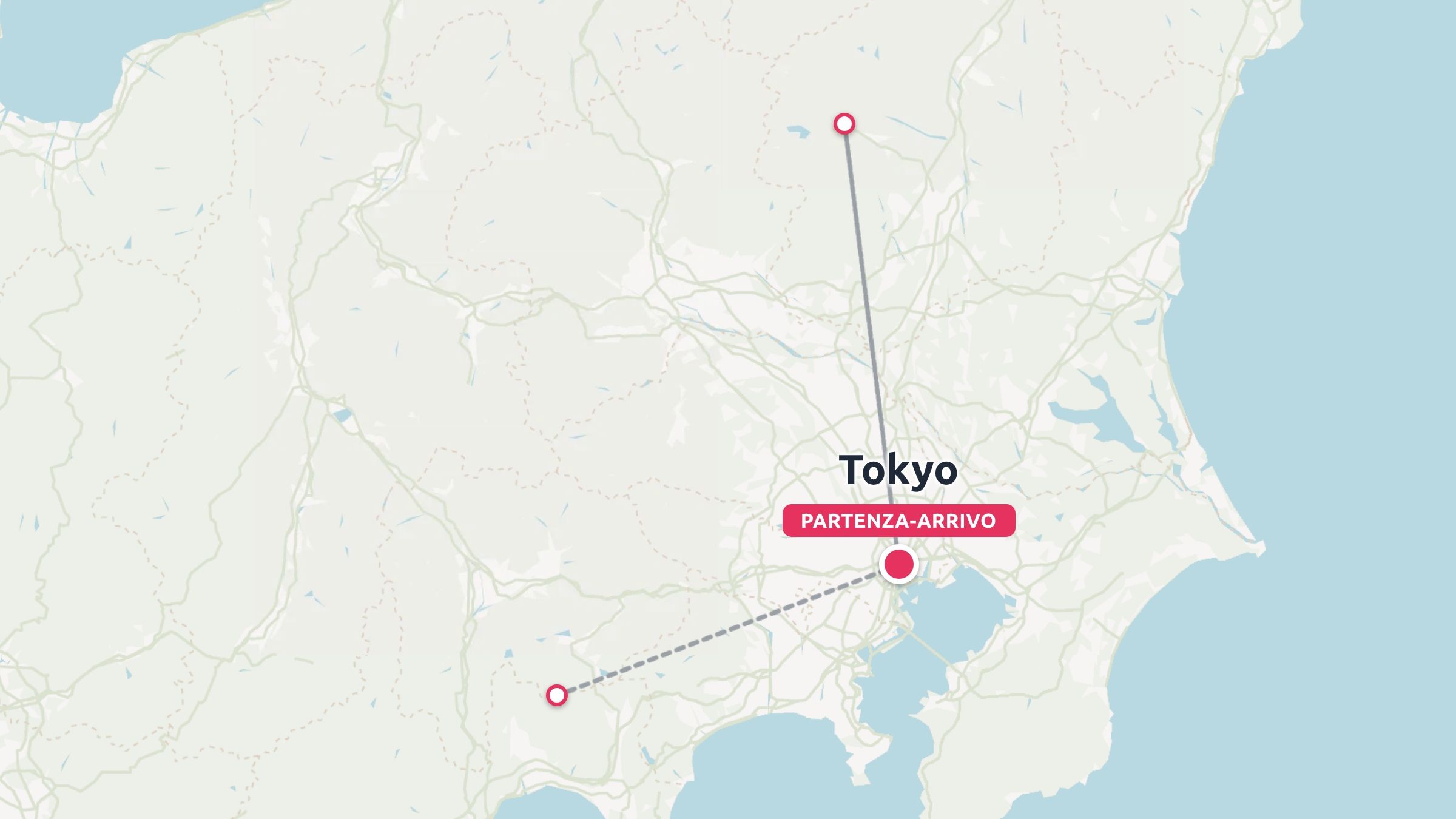 Mappa di viaggio che mostra i percorsi che collegano Tokyo con i punti di partenza e di arrivo contrassegnati in tutto il Giappone.