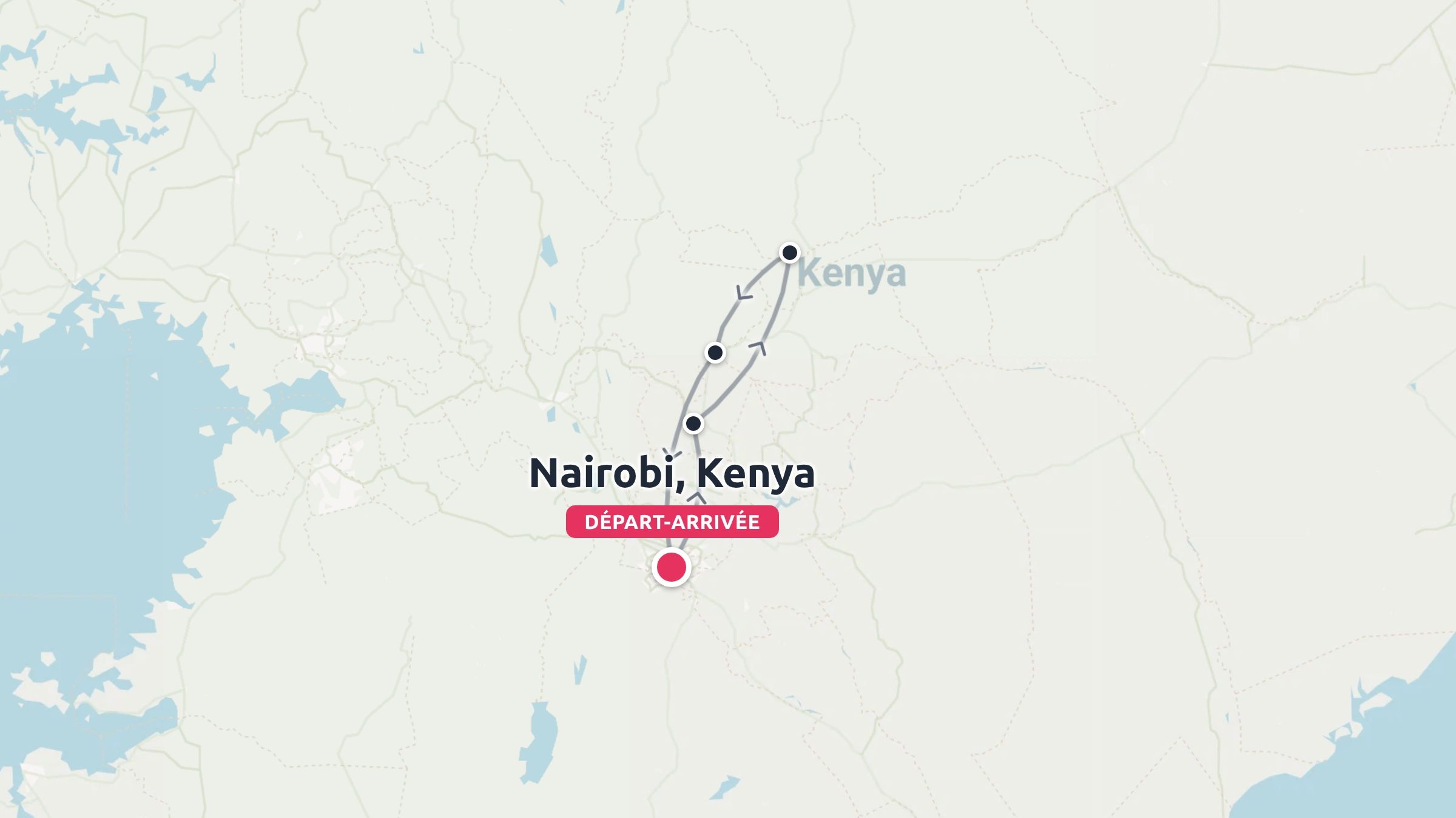 Une carte d'itinéraire de voyage au Kenya montrant un itinéraire en boucle commençant et se terminant à Nairobi.
