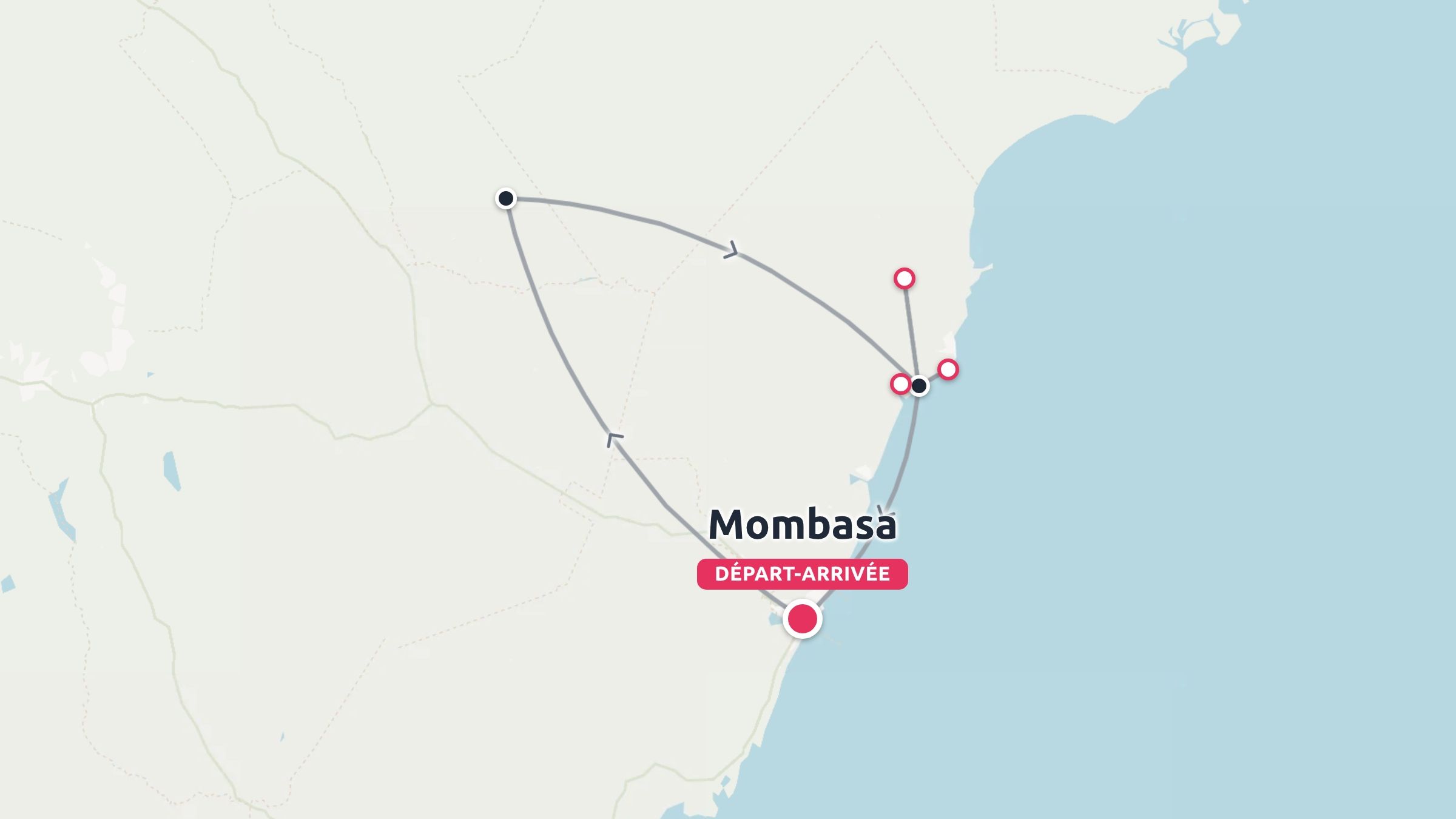Une carte d'itinéraire de voyage montrant une boucle de trajet commençant et se terminant à Mombasa avec plusieurs épingles de destination.