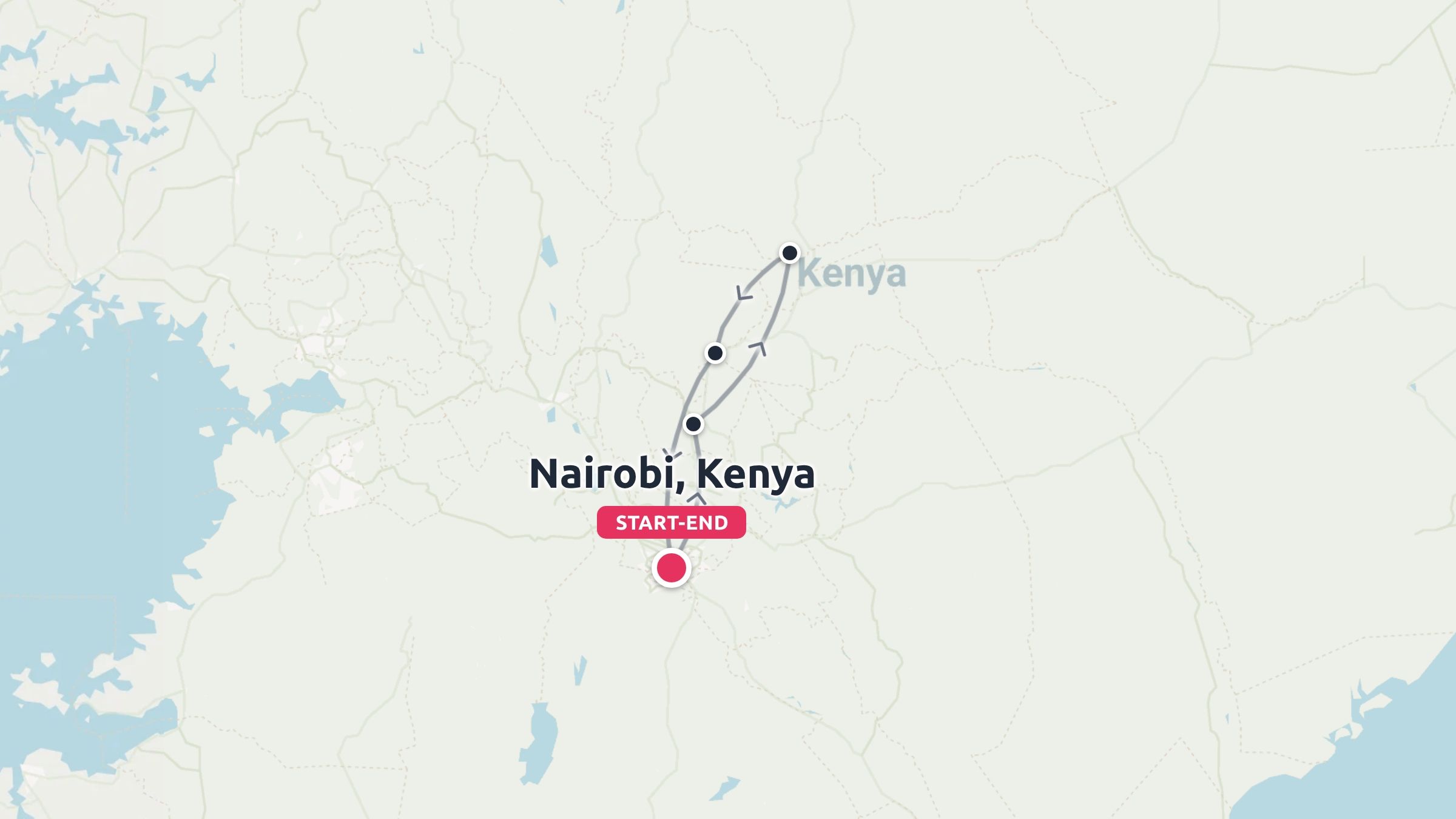 A travel itinerary route map of Kenya, indicating a loop journey starting and ending in Nairobi.