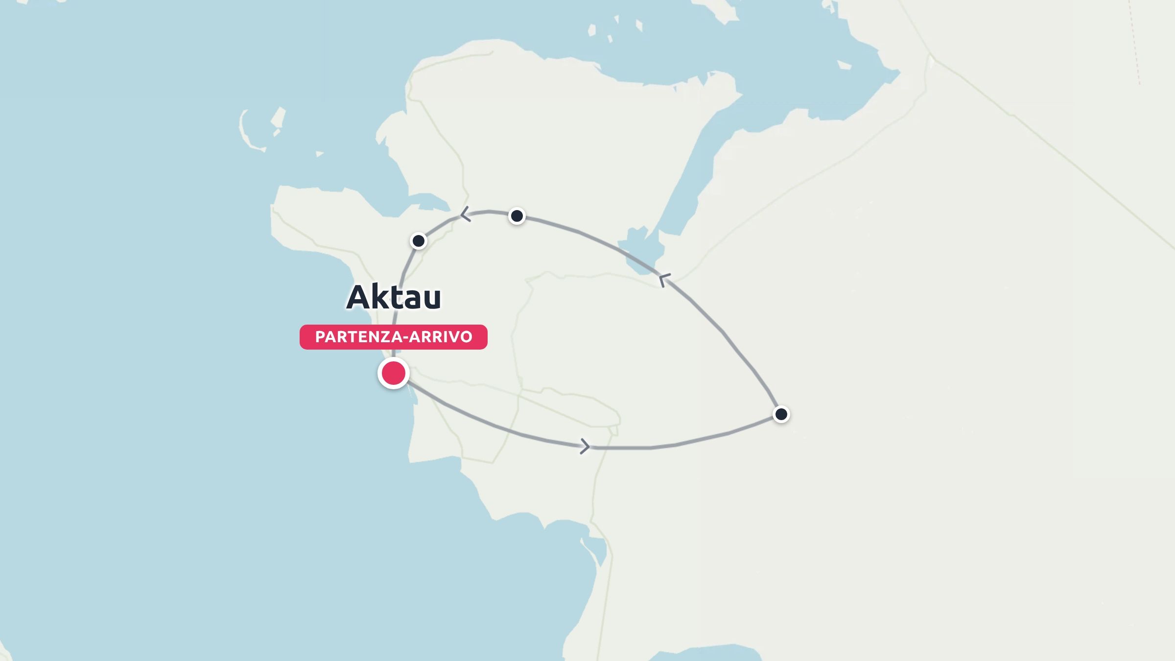 Una mappa di itinerario di viaggio che mostra un percorso circolare con partenza e arrivo ad Aktau e diverse tappe