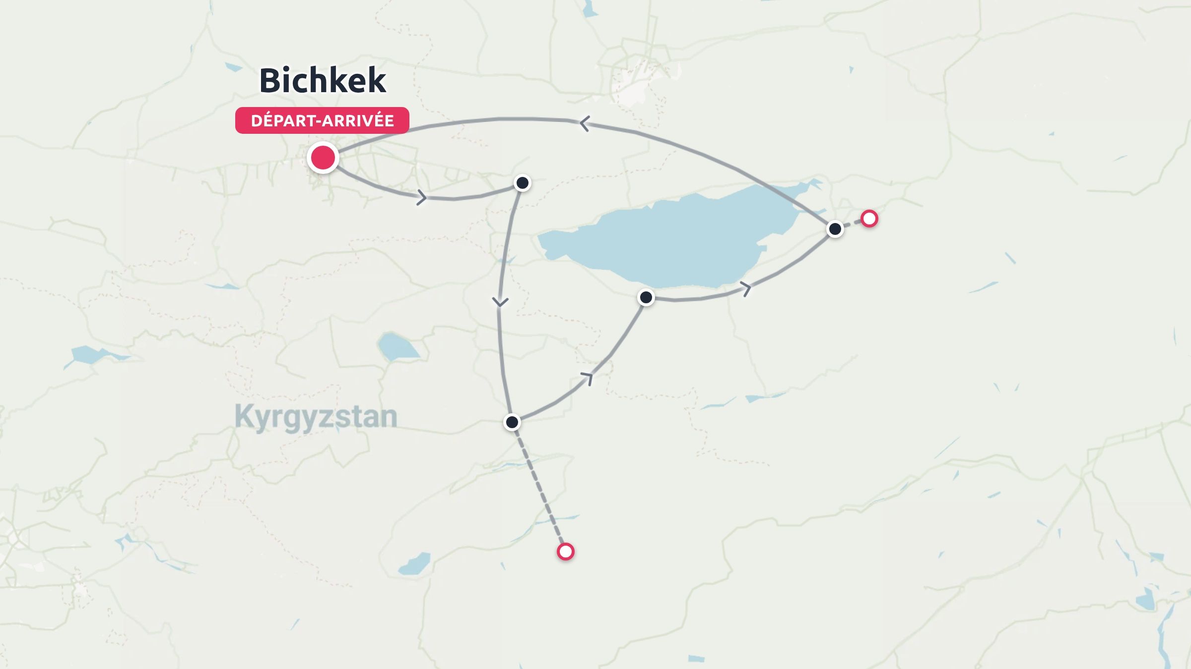 Une carte d'itinéraire de voyage du Kirghizistan montrant un itinéraire circulaire commençant et se terminant à Bichkek autour d'un grand lac
