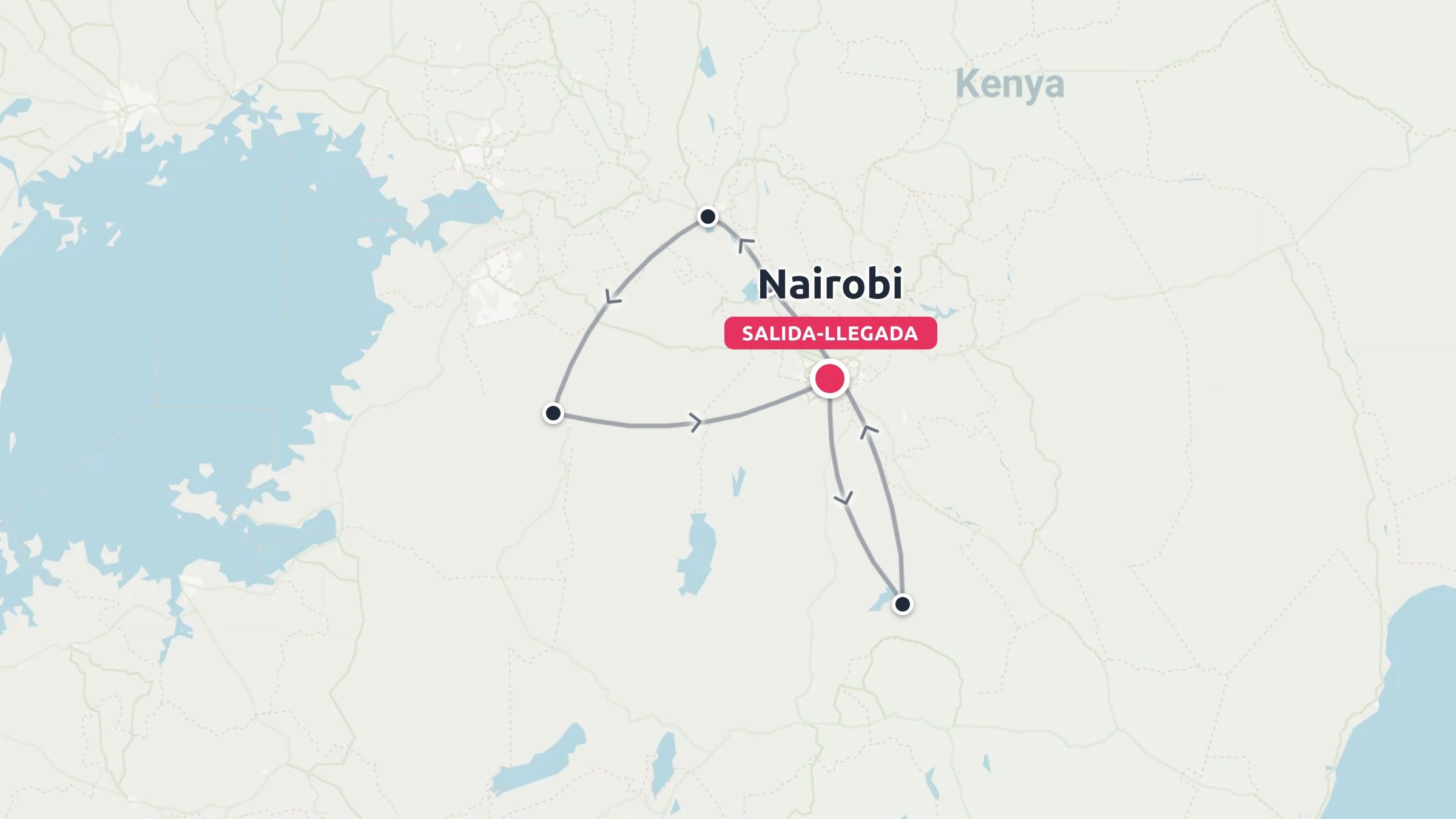 Mapa de la ruta de viaje por Kenia que muestra un circuito con inicio y fin en Nairobi y puntos de parada conectados.