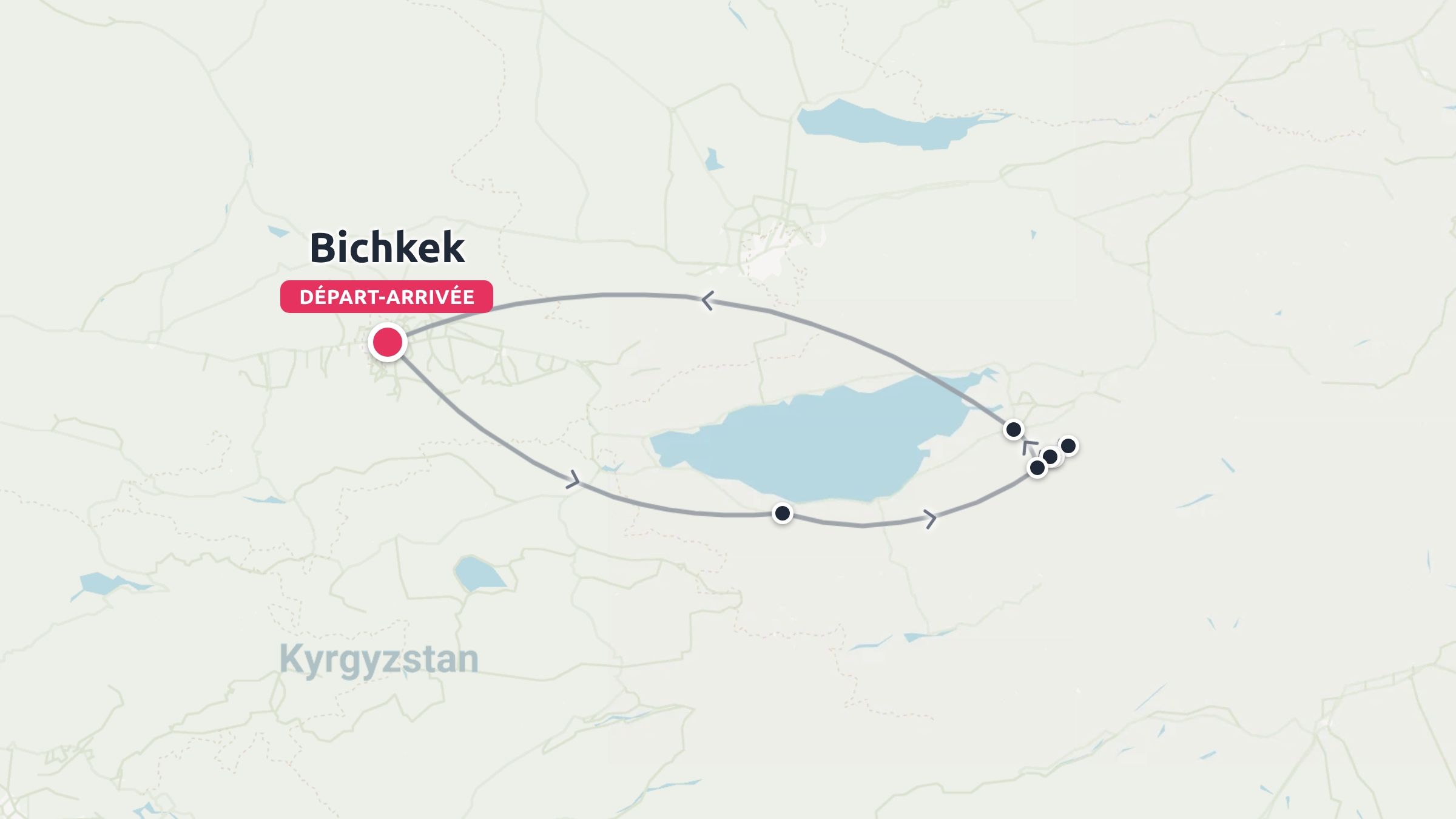 Carte de l'itinéraire de voyage du Kirghizistan montrant un parcours circulaire débutant et se terminant à Bichkek.