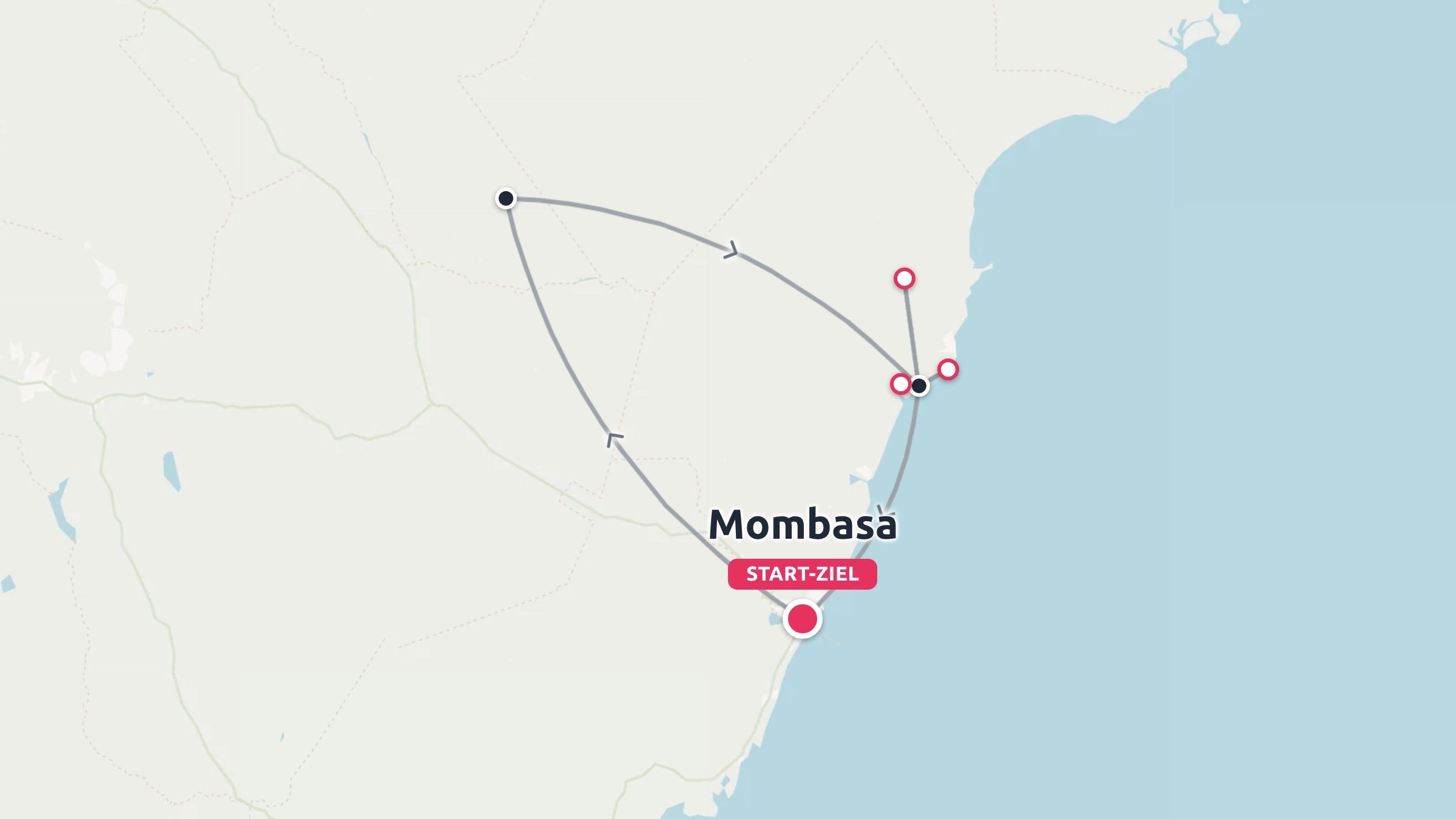Eine Reiseroute, die eine Schleife durch das Landesinnere und Küstenpunkte zeigt, mit Start und Ziel in Mombasa.