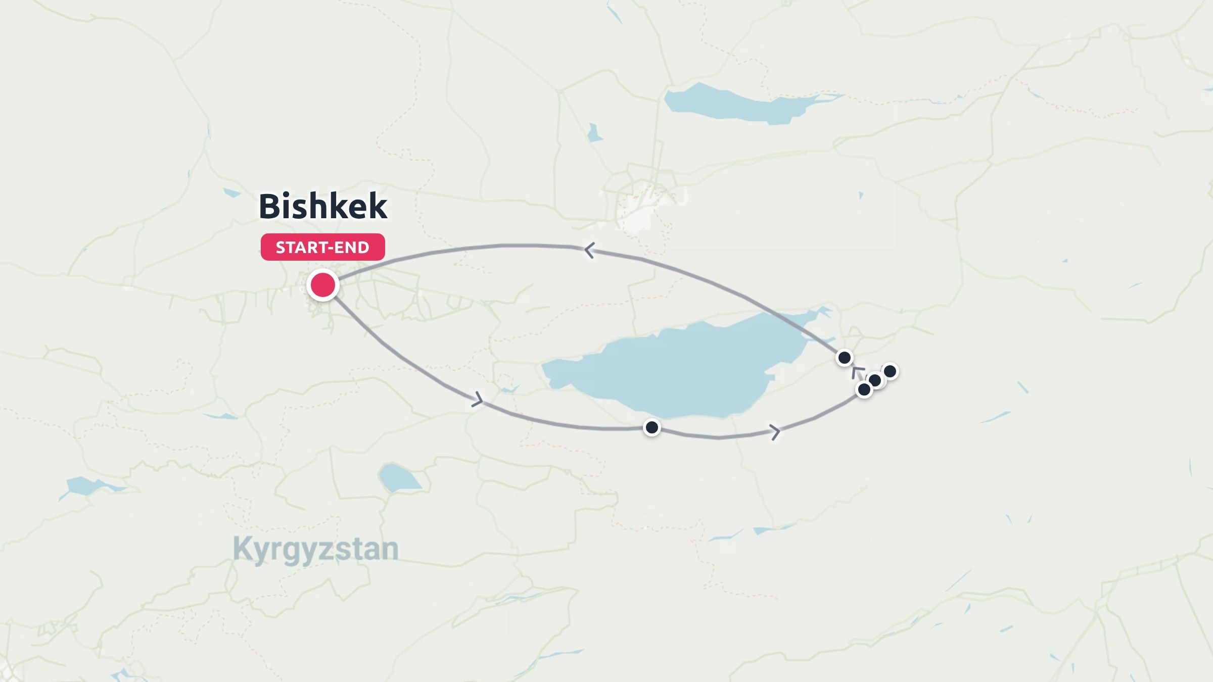 A travel map of Kyrgyzstan showing a circular route starting and ending in Bishkek around a lake.