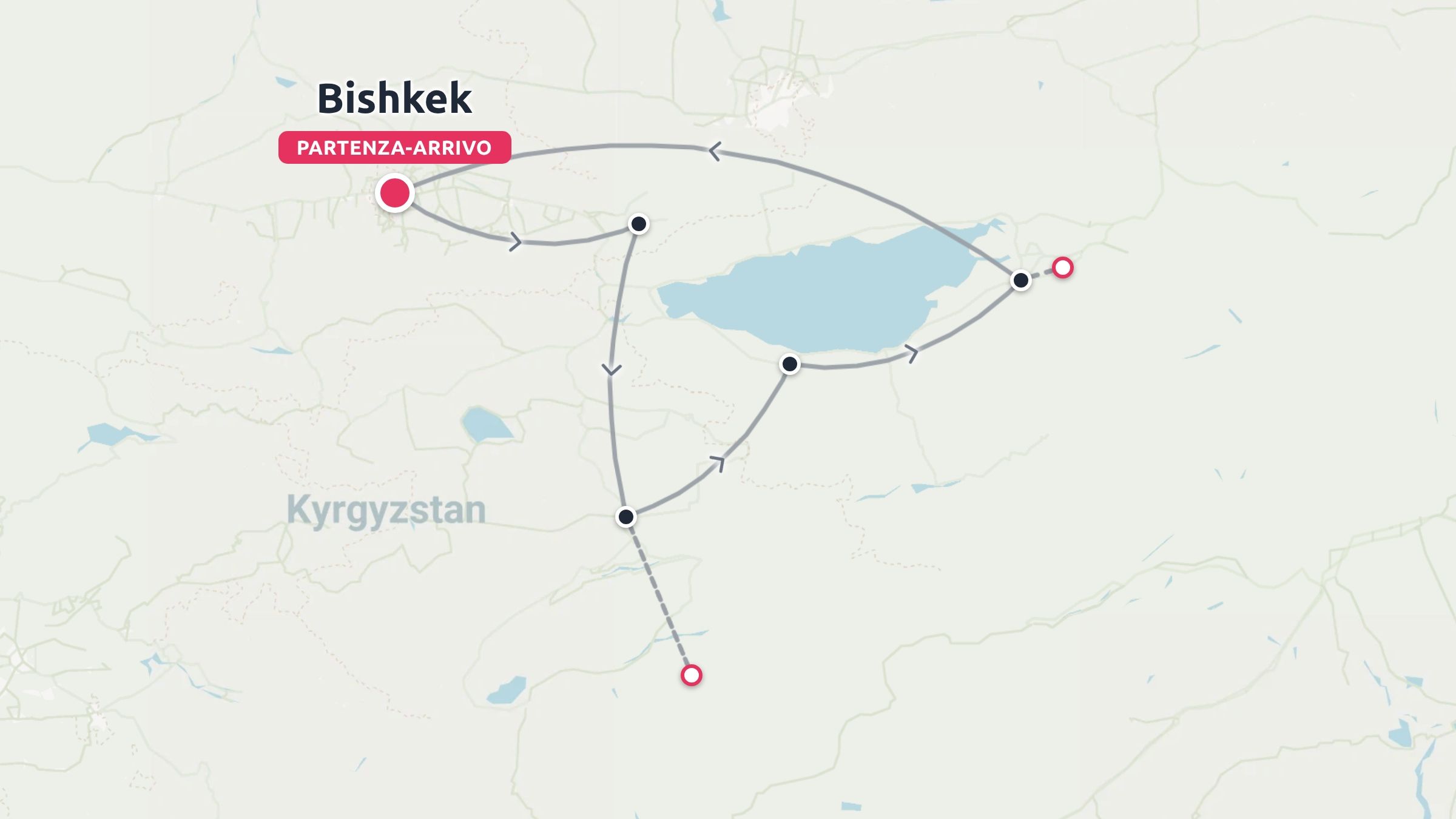 Mappa dell'itinerario di viaggio in Kirghizistan con partenza e arrivo a Bishkek
