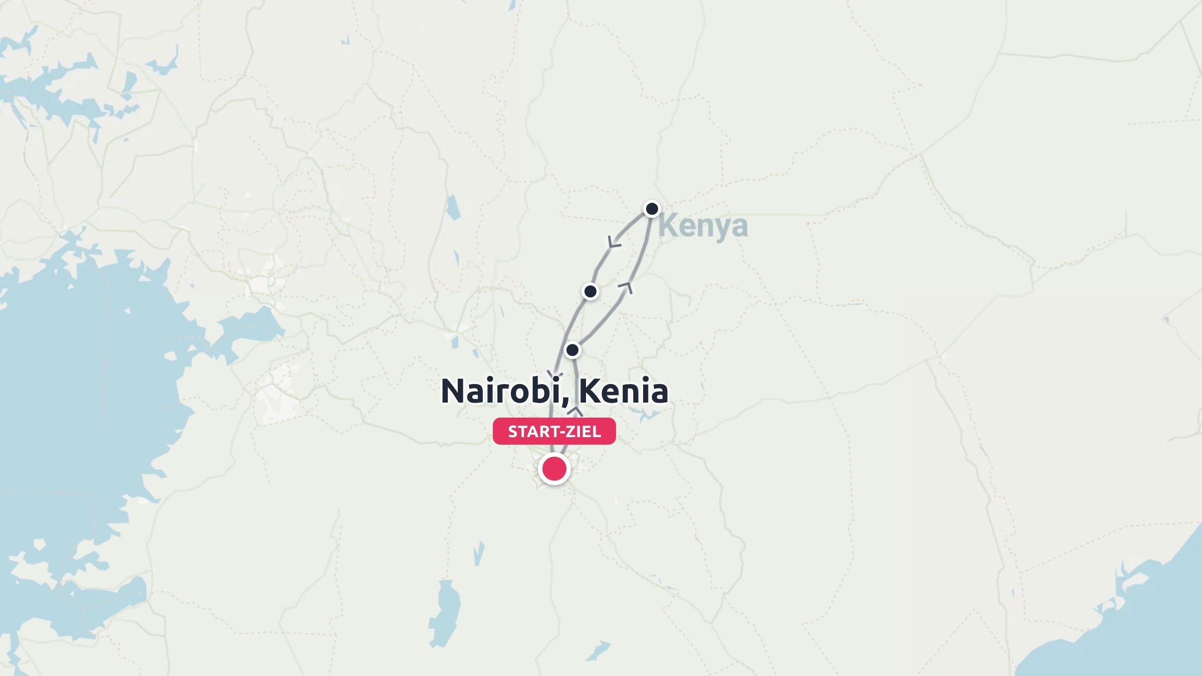 Reiseroute durch Kenia mit Start und Ziel in Nairobi und mehreren markierten Stopps auf einer Rundreise.