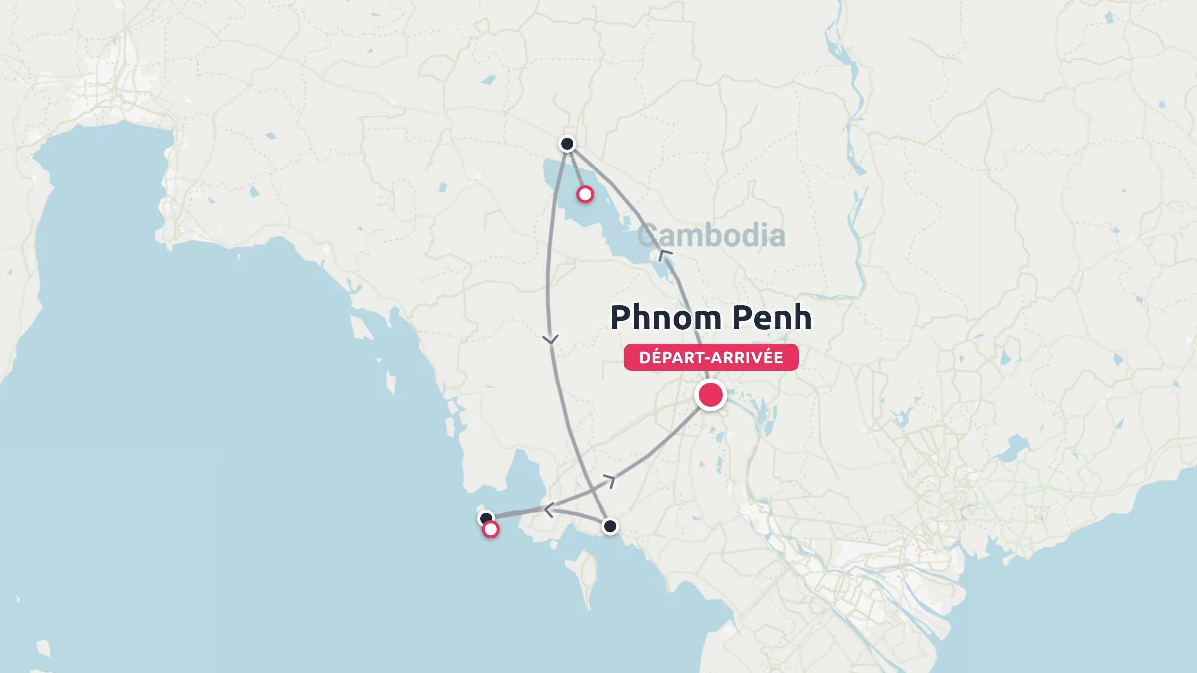 Un itineraire de voyage au Cambodge presentant une boucle au depart et a l arrivee de Phnom Penh