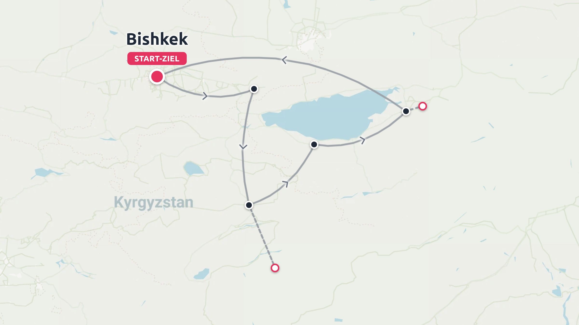 Eine Reiseroute durch Kirgisistan, die eine Rundreise mit Start und Ziel in Bischkek zeigt.