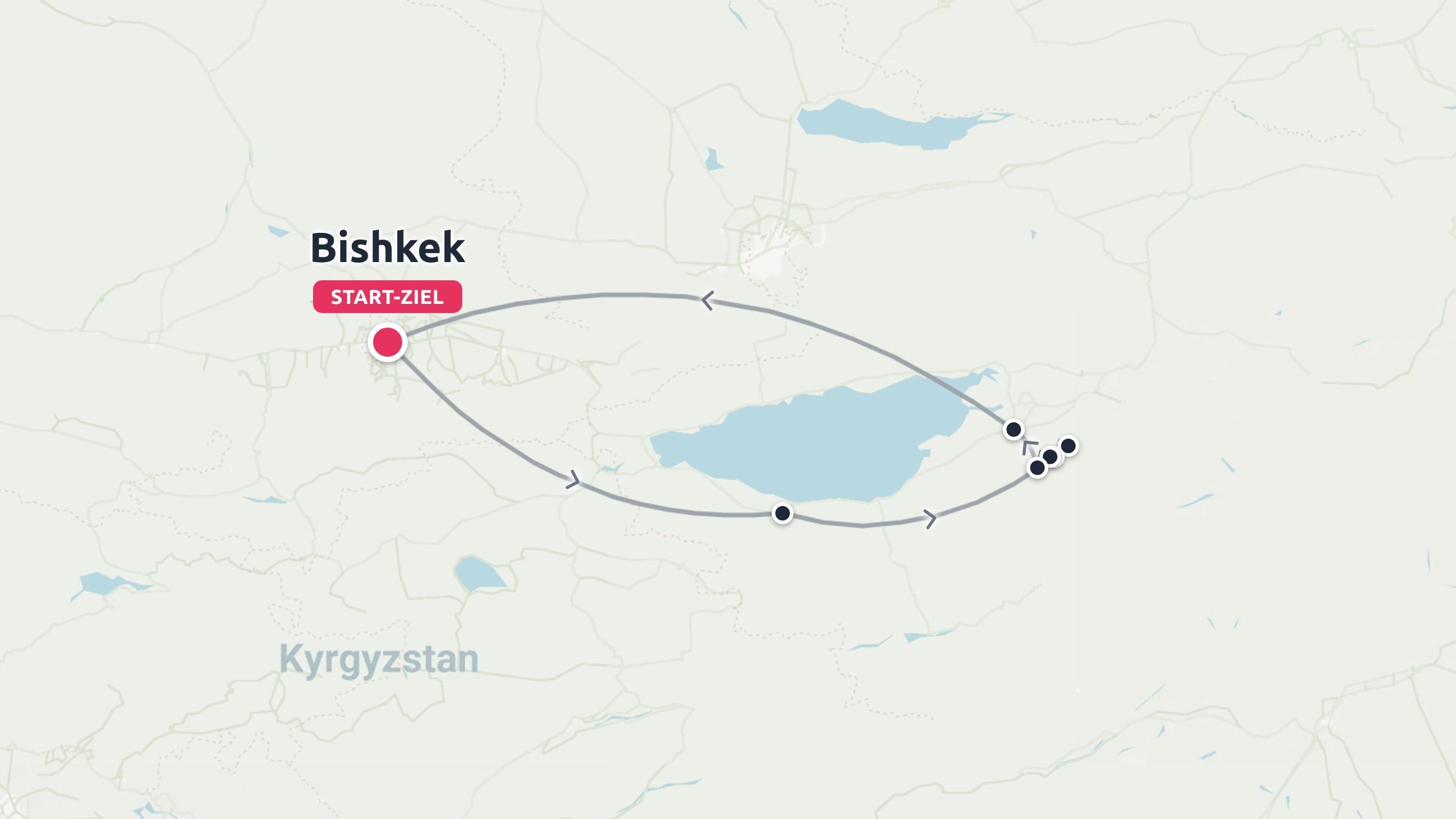 Eine Reiseroute in Kirgisistan, die eine Schleife um einen See bildet, mit Start und Ziel in Bischkek.