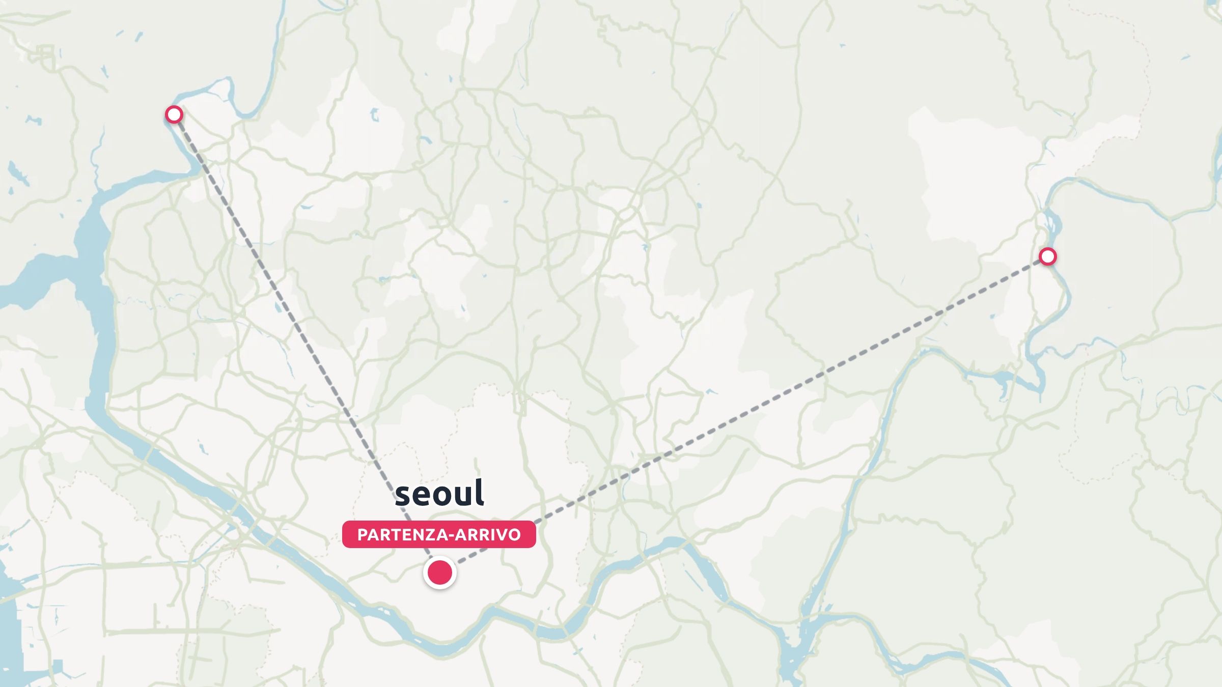 Una mappa dell'itinerario di viaggio che mostra Seoul come partenza e arrivo con linee tratteggiate collegate ai punti circostanti