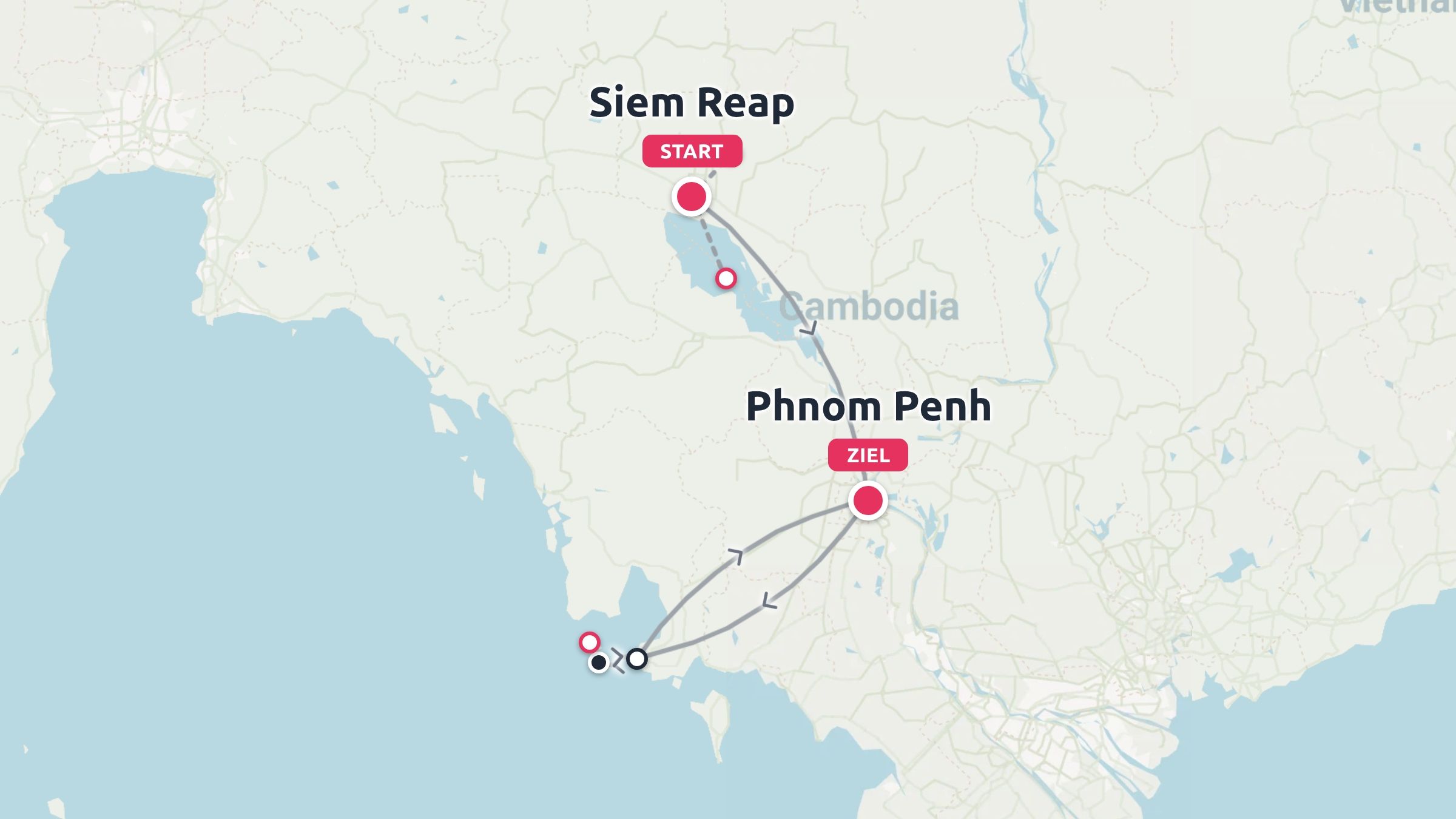 Eine Reisekarte von Kambodscha mit einer Reiseroute, die in Siem Reap beginnt und in Phnom Penh endet.