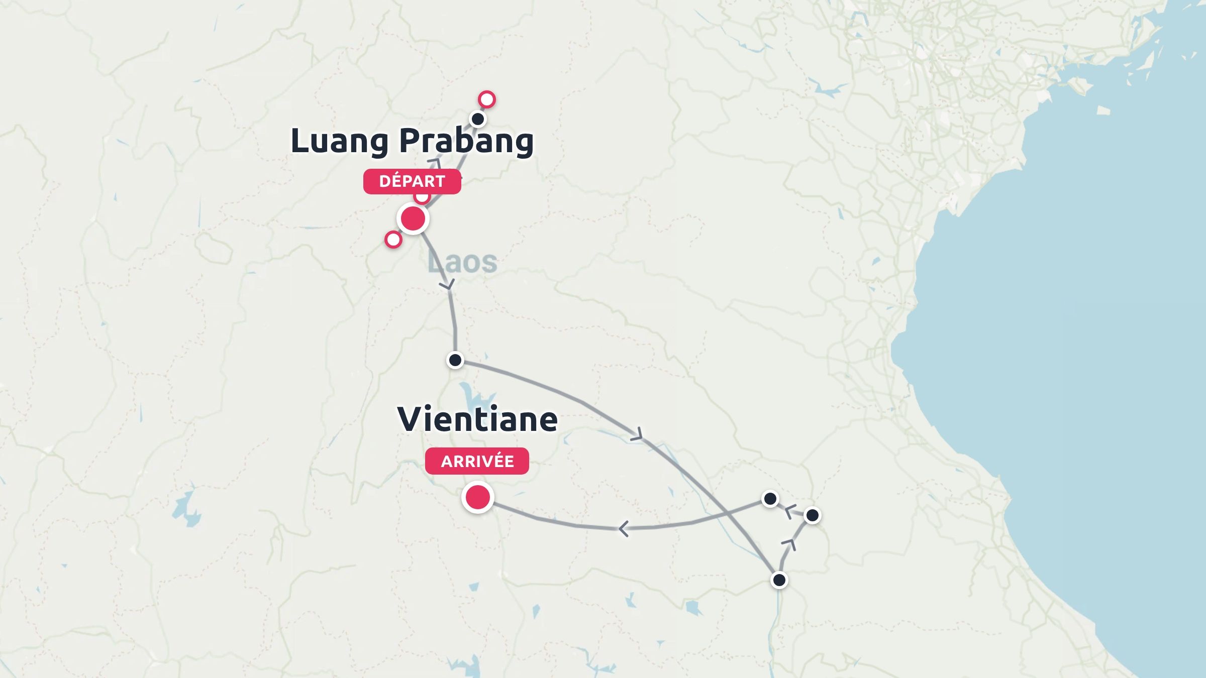 Un itinéraire de voyage au Laos montrant un parcours commençant à Luang Prabang et se terminant à Vientiane