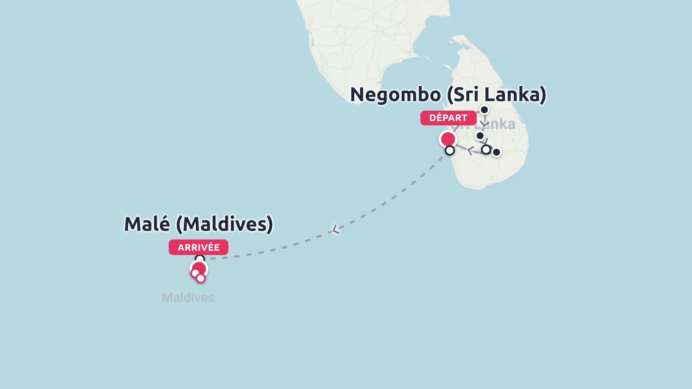 Carte d'itinéraire de voyage montrant un trajet de vol du départ de Negombo, au Sri Lanka, à l'arrivée à Malé, aux Maldives.