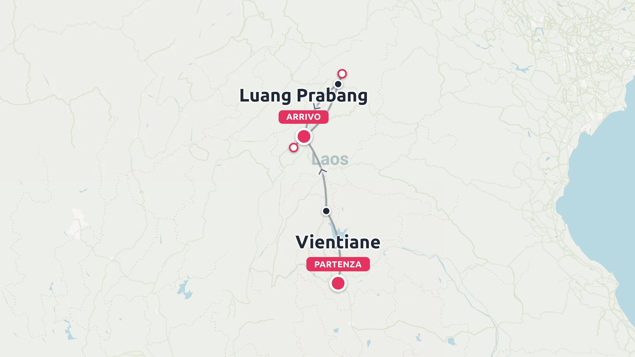 Mappa dell'itinerario di viaggio in Laos che traccia un percorso da Vientiane a Luang Prabang con tappe segnalate