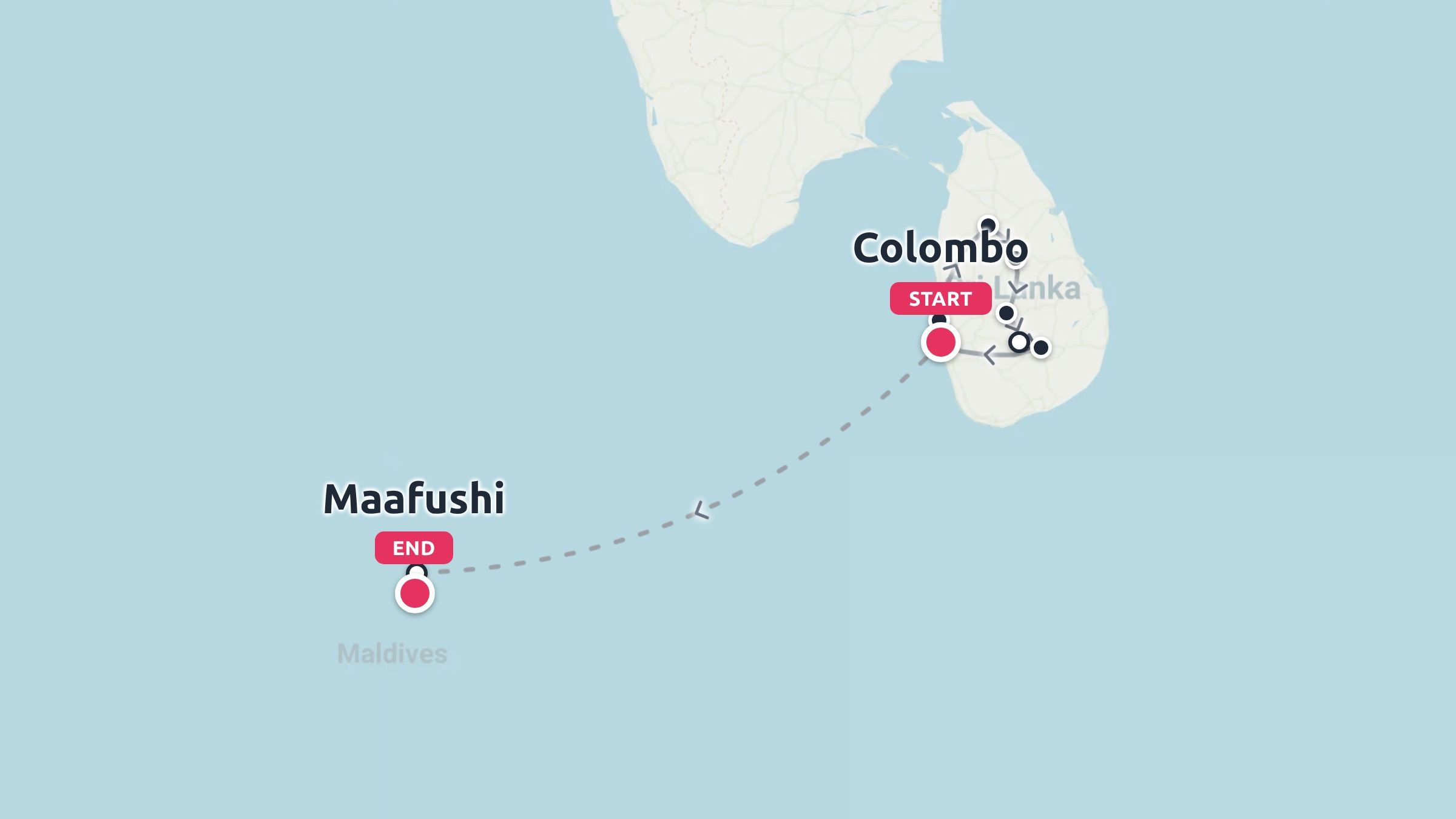 Travel route map showing an itinerary starting in Colombo, Sri Lanka, and ending in Maafushi, Maldives.