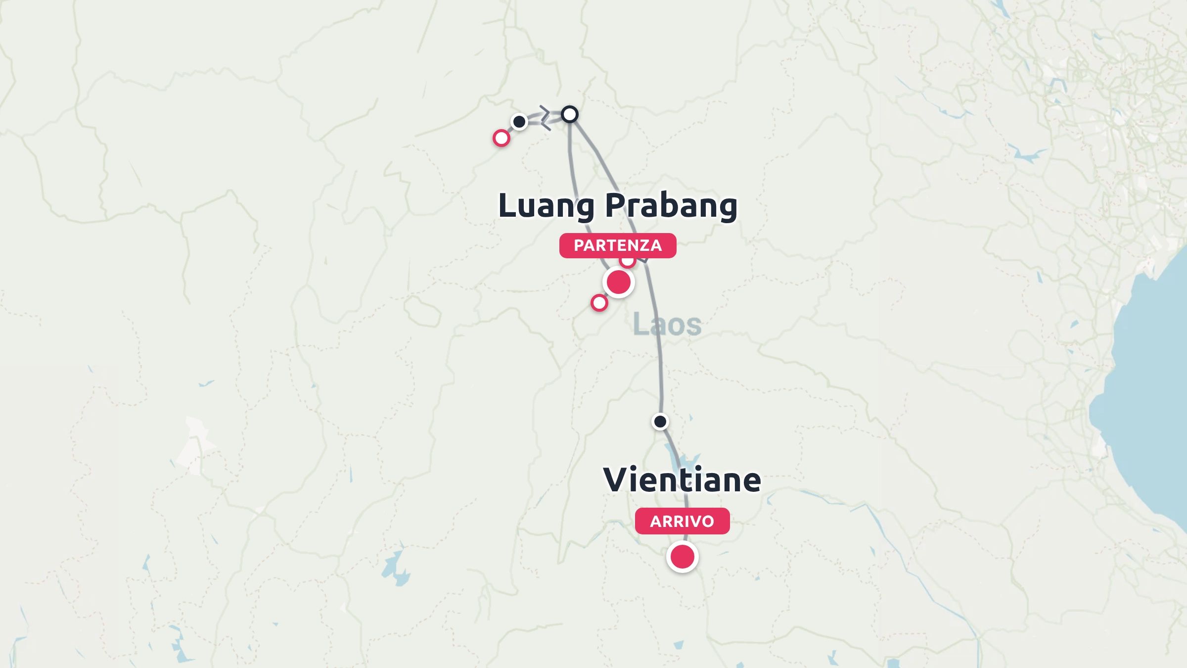 Una mappa di viaggio del Laos che illustra un itinerario con partenza da Luang Prabang e arrivo a Vientiane.