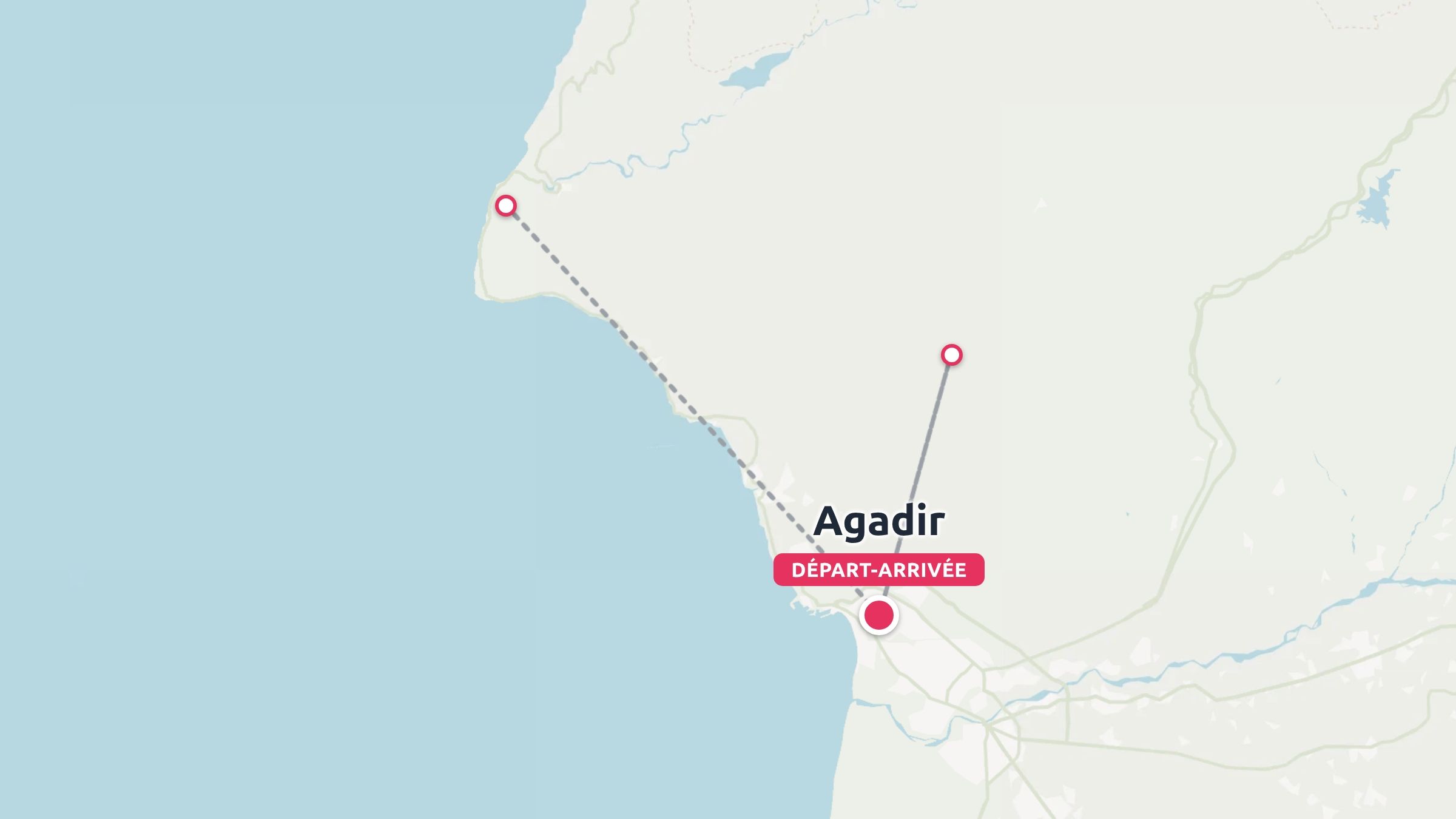 Une carte d'itinéraire de voyage montrant les points de départ et d'arrivée à Agadir le long de la côte.