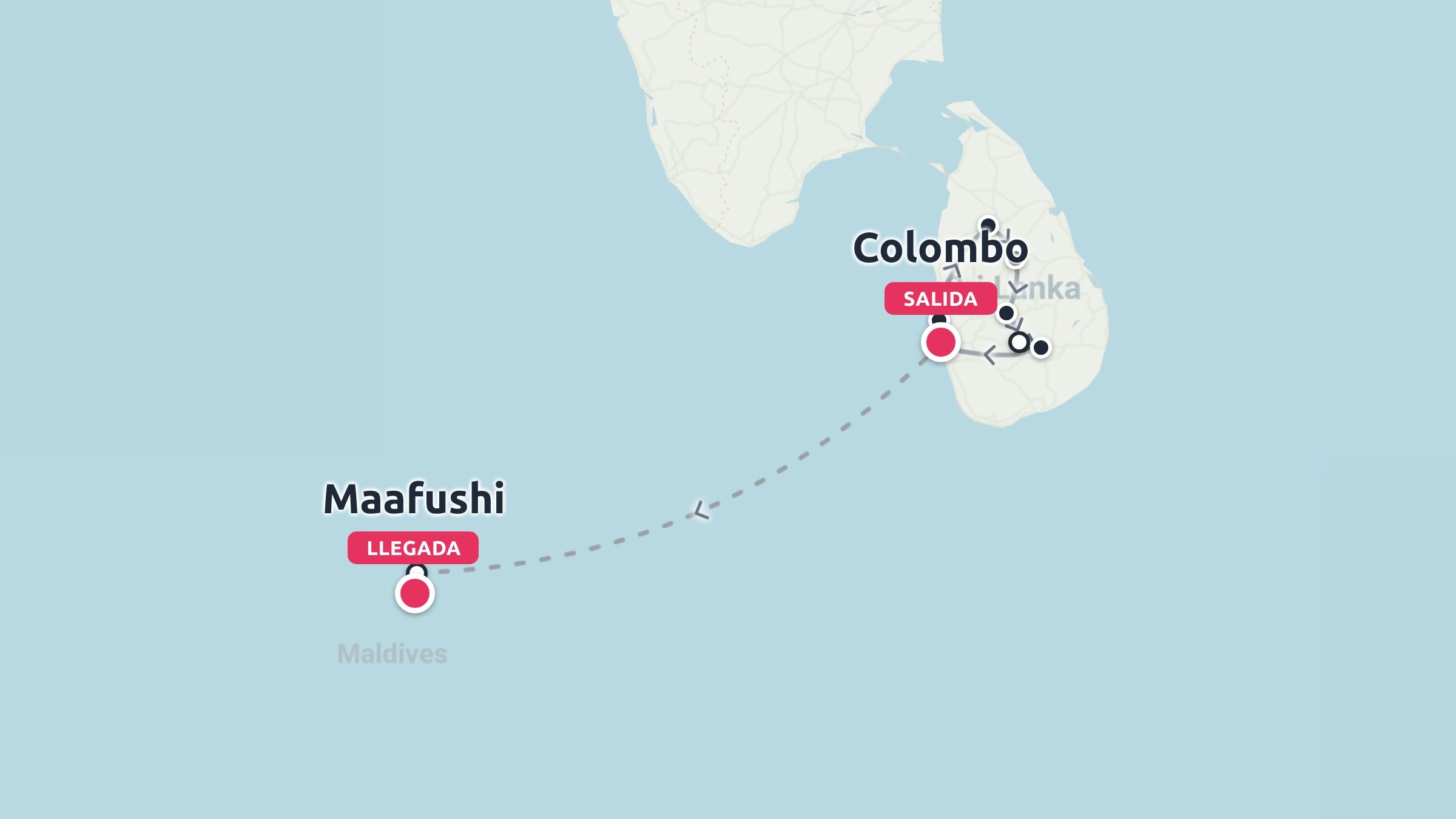 Mapa de ruta de viaje que muestra una salida desde Colombo en Sri Lanka hasta un punto de llegada en Maafushi, Maldivas.