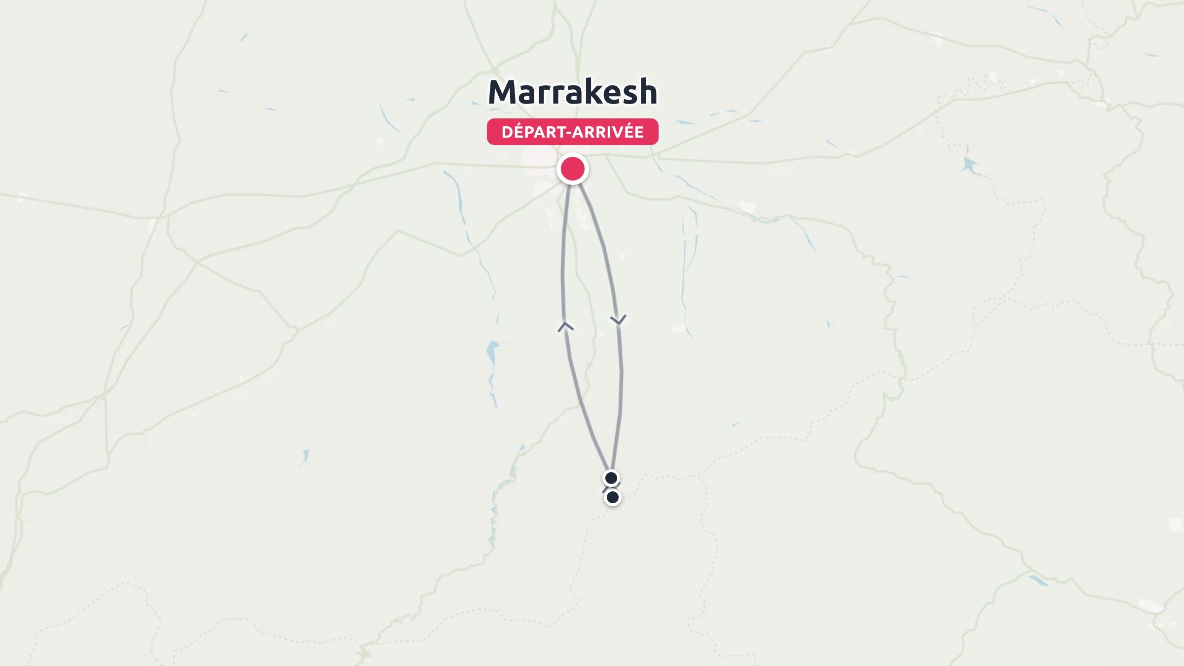 Une carte d'itinéraire de voyage affichant un trajet aller-retour commençant et se terminant à Marrakech.