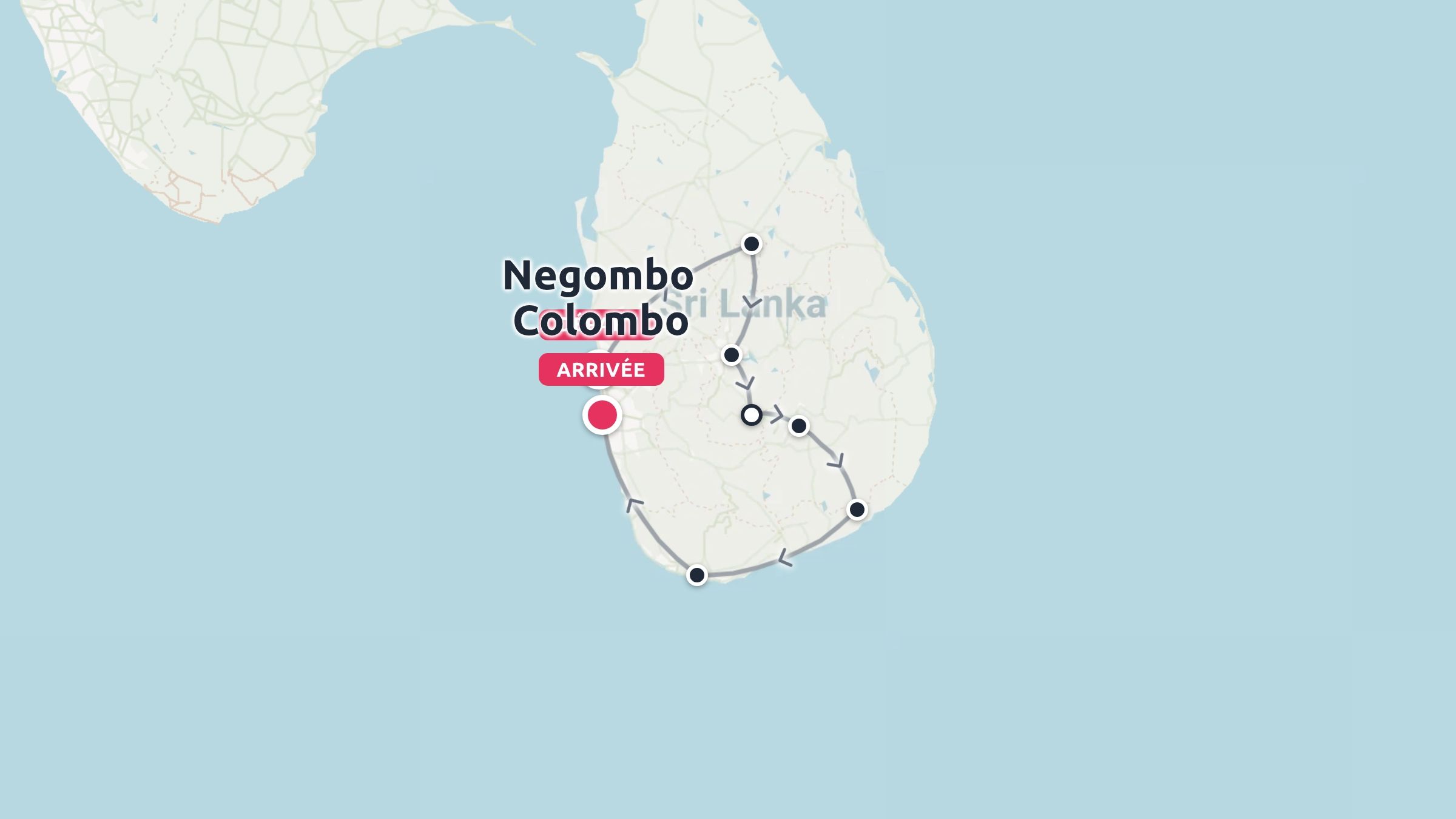 Carte de l'itinéraire de voyage au Sri Lanka indiquant les arrêts sur l'île commençant et se terminant près de Négombo et Colombo