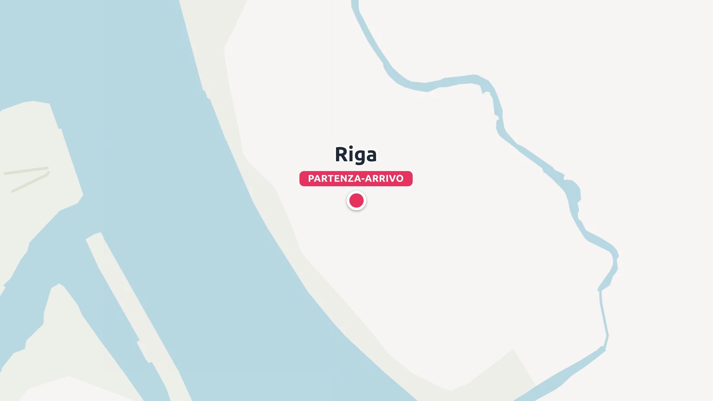 Una mappa che mostra Riga contrassegnata da un puntina rosa che indica il punto di partenza e di arrivo vicino a un fiume