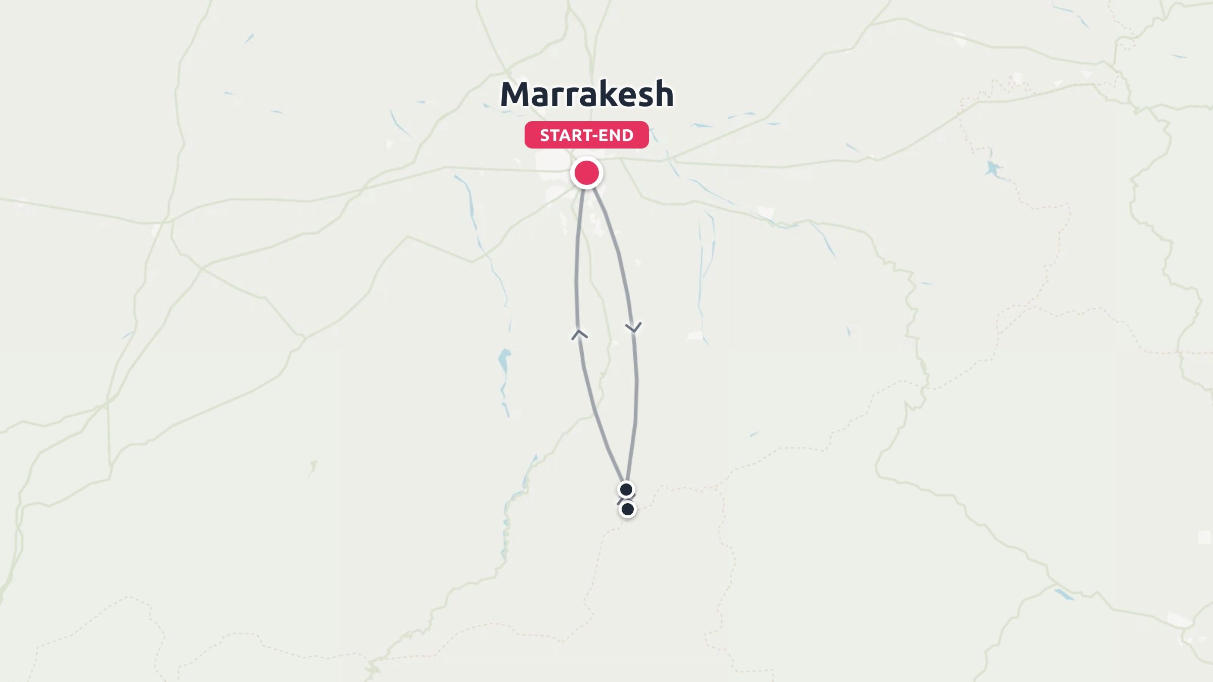 Travel map showing a round-trip route starting and ending in Marrakesh.