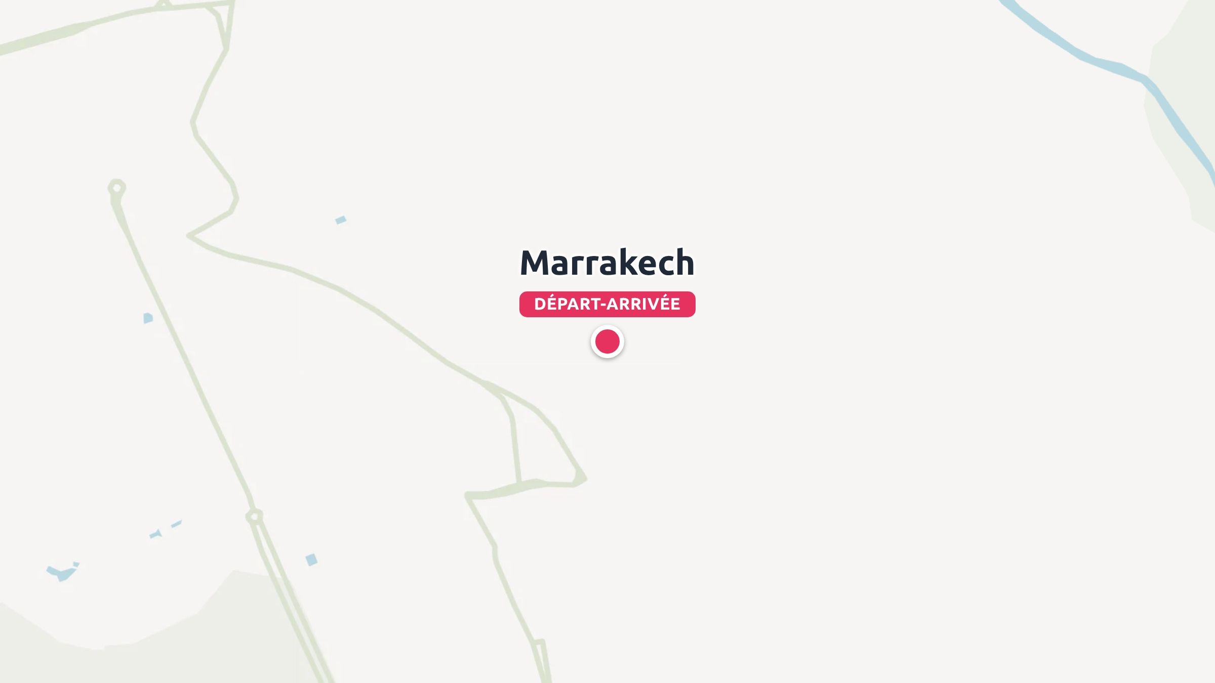 Une carte de voyage mettant en valeur Marrakech avec une épingle rose comme lieu de départ et d'arrivée