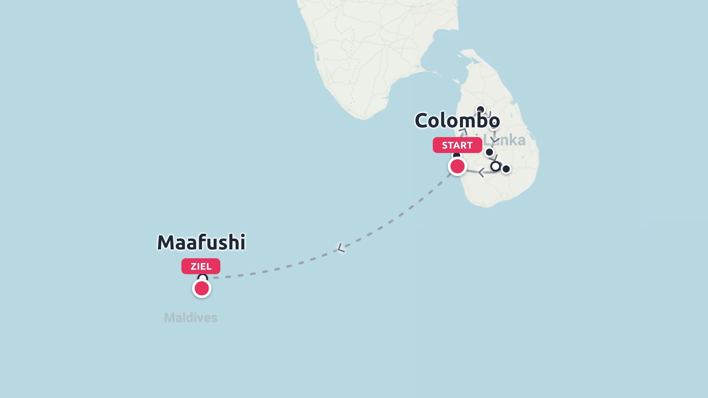 Reisekarte mit einer Route, die in Colombo, Sri Lanka, beginnt und auf Maafushi auf den Malediven endet.