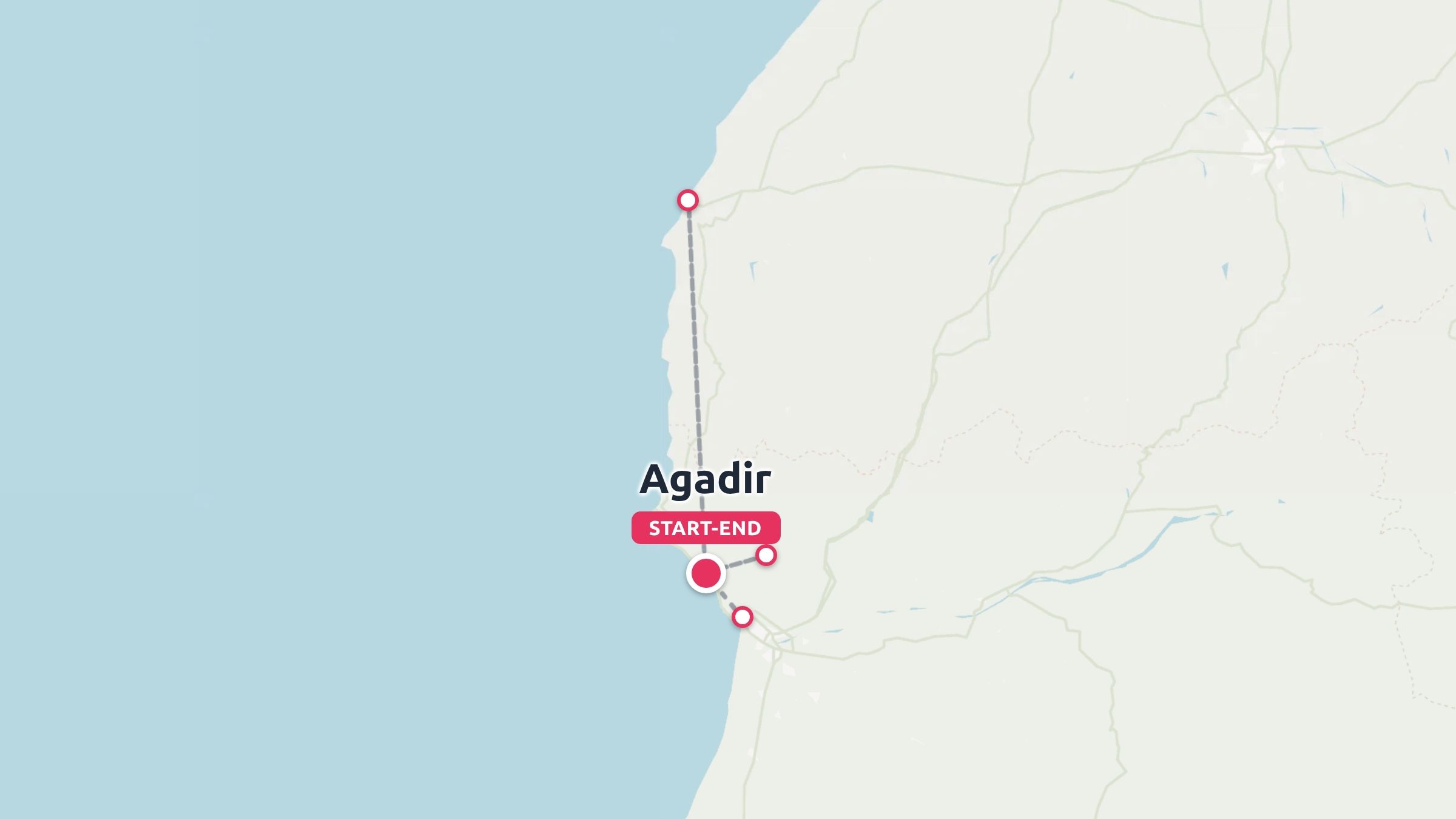 Travel route map showing itinerary stops along the coastline with Agadir marked as the start and end point.