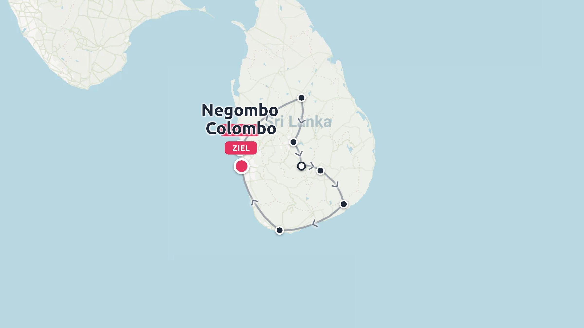 Reiseroute von Sri Lanka mit Markierung der Stopps entlang der Südlichen Schleife von Negombo nach Colombo