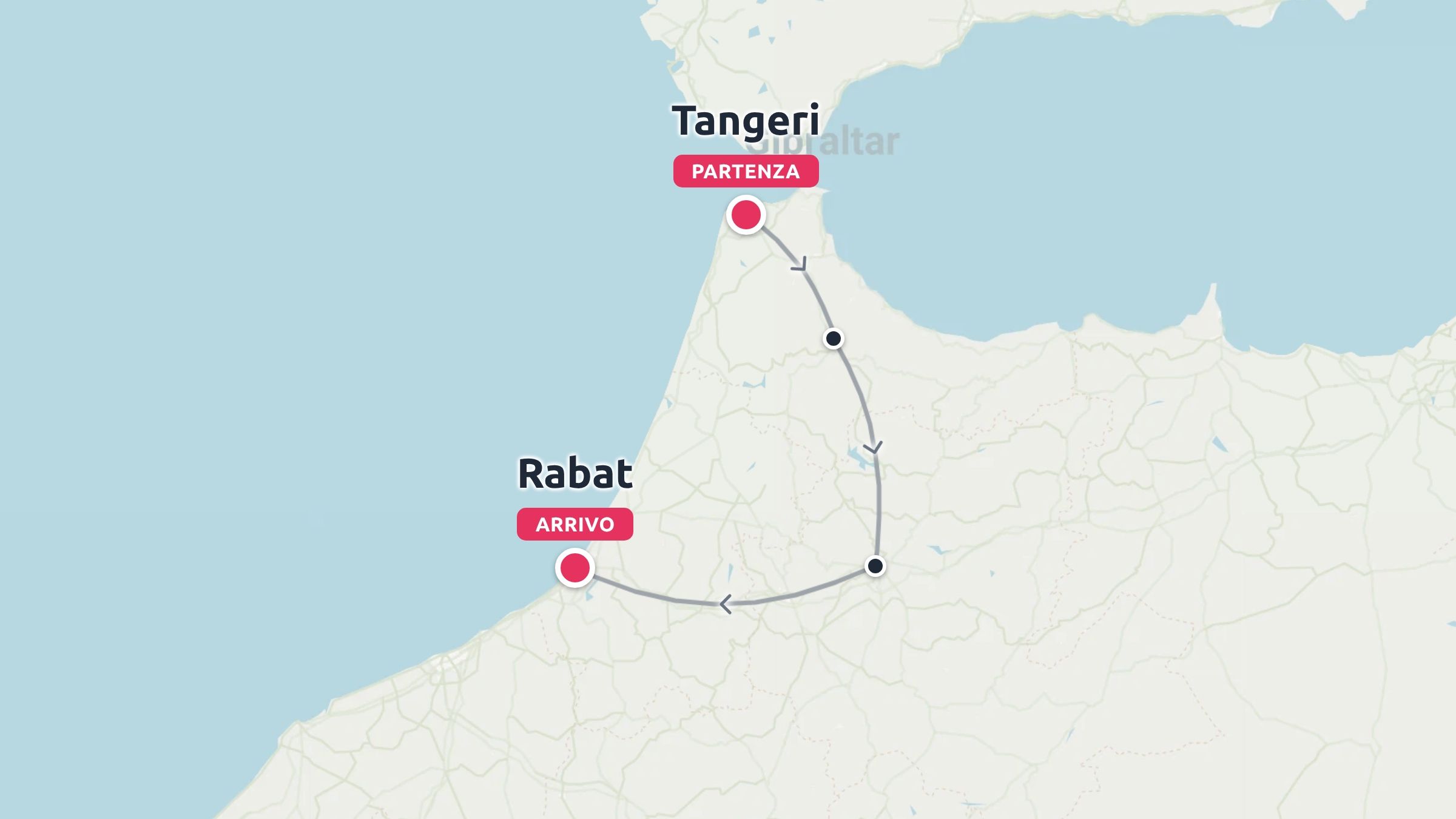 Una mappa dell'itinerario di viaggio che mostra un percorso che parte da Tangeri e termina a Rabat con punti di passaggio segnati.