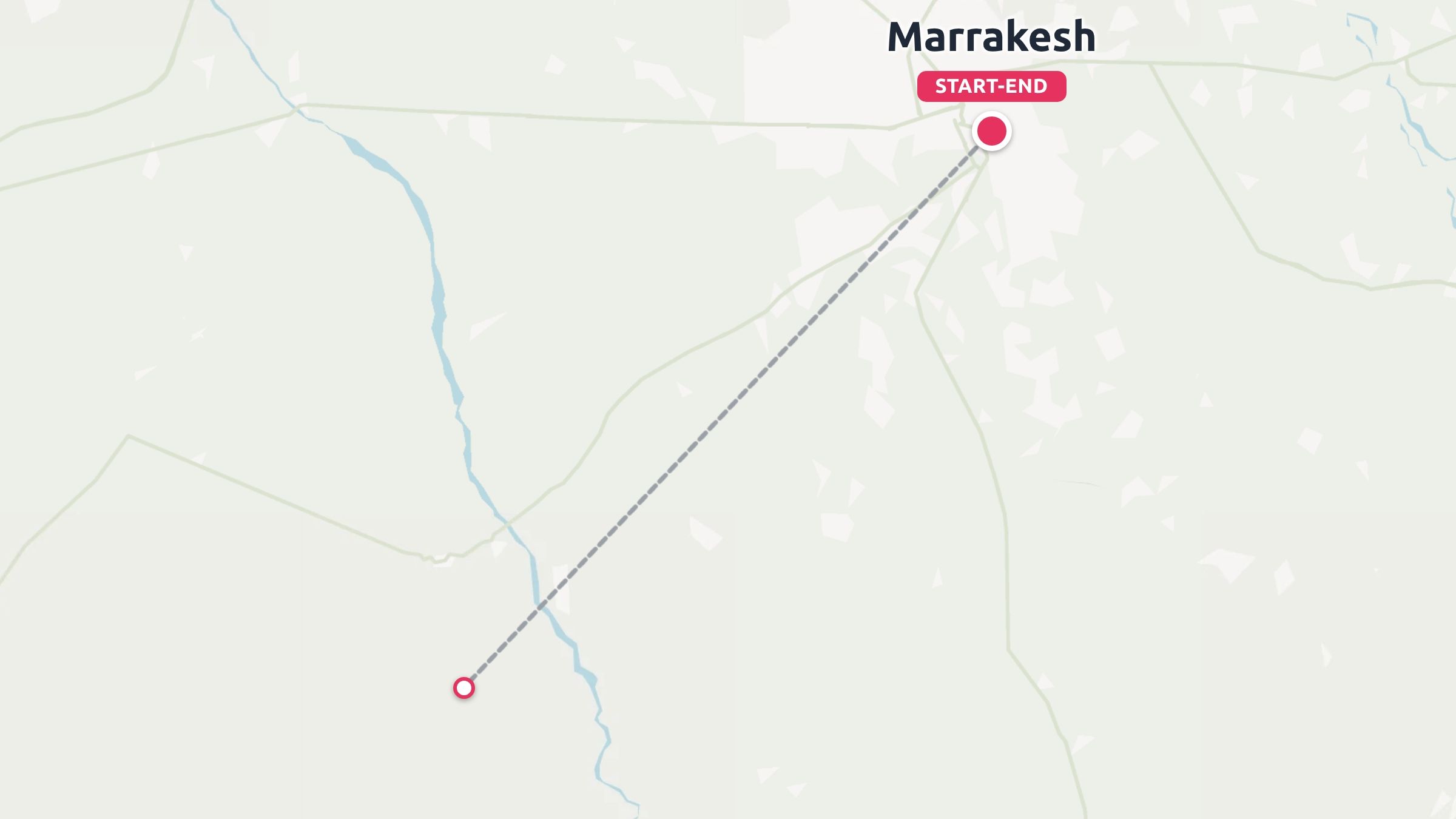 A map showing a travel route indicated by a dashed line, starting and ending in Marrakesh.