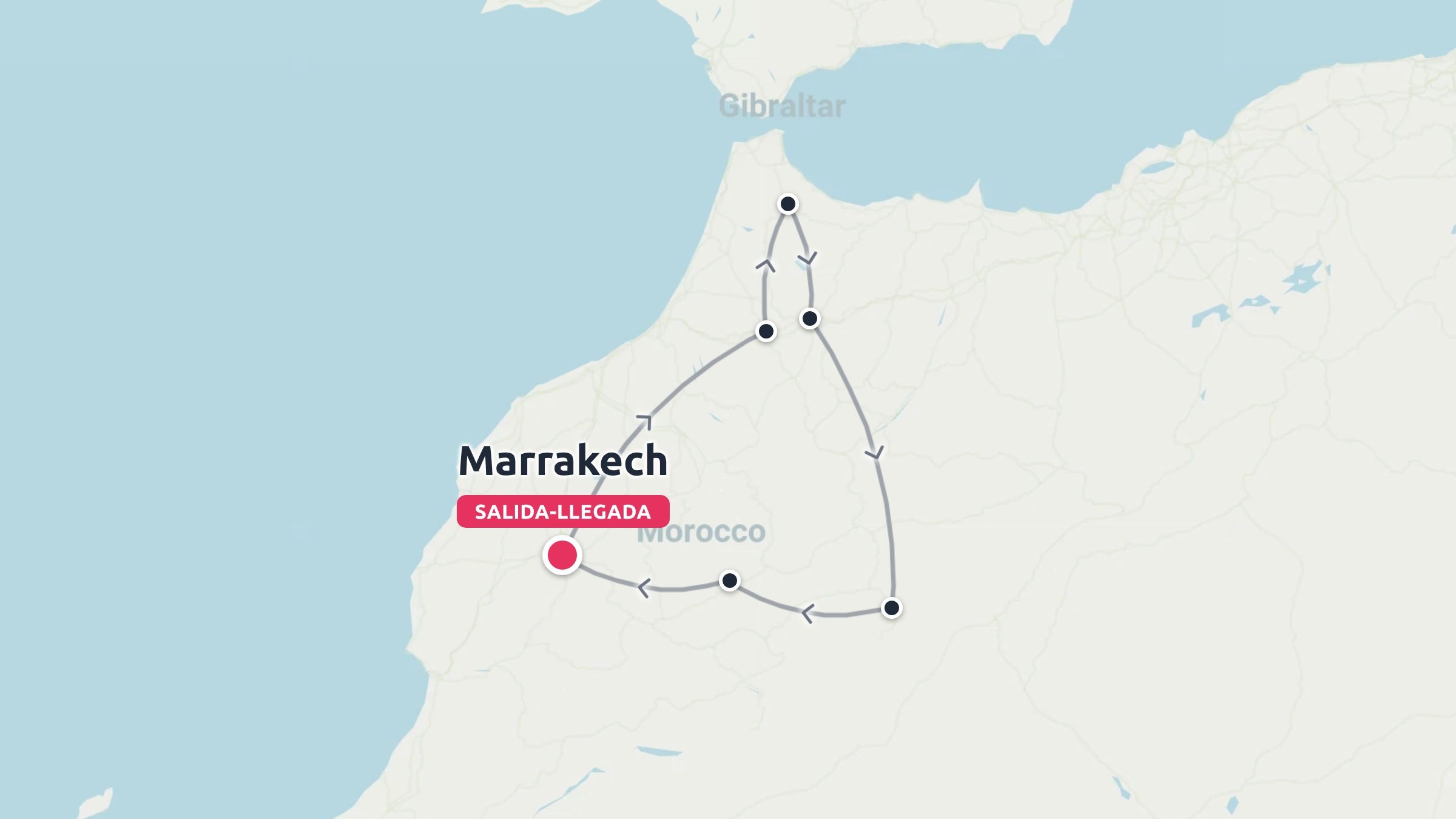 Un mapa de ruta de viaje de Marruecos que muestra un itinerario circular que comienza y termina en Marrakech.