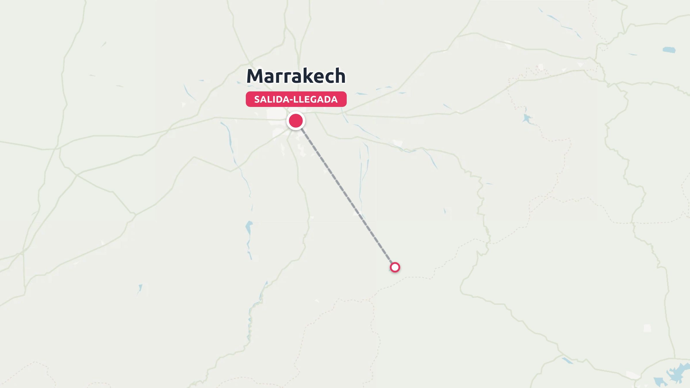 Mapa de itinerario de viaje que muestra una ruta discontinua que conecta Marrakech, marcada como salida y llegada, con un punto al sureste.