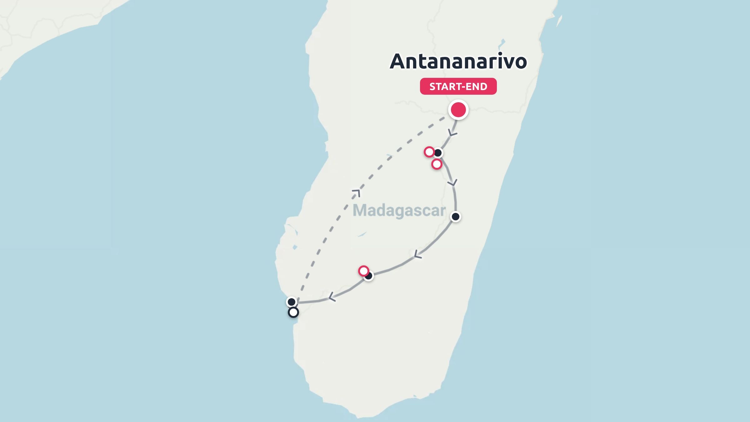 A travel route map across Madagascar starting and ending in Antananarivo.