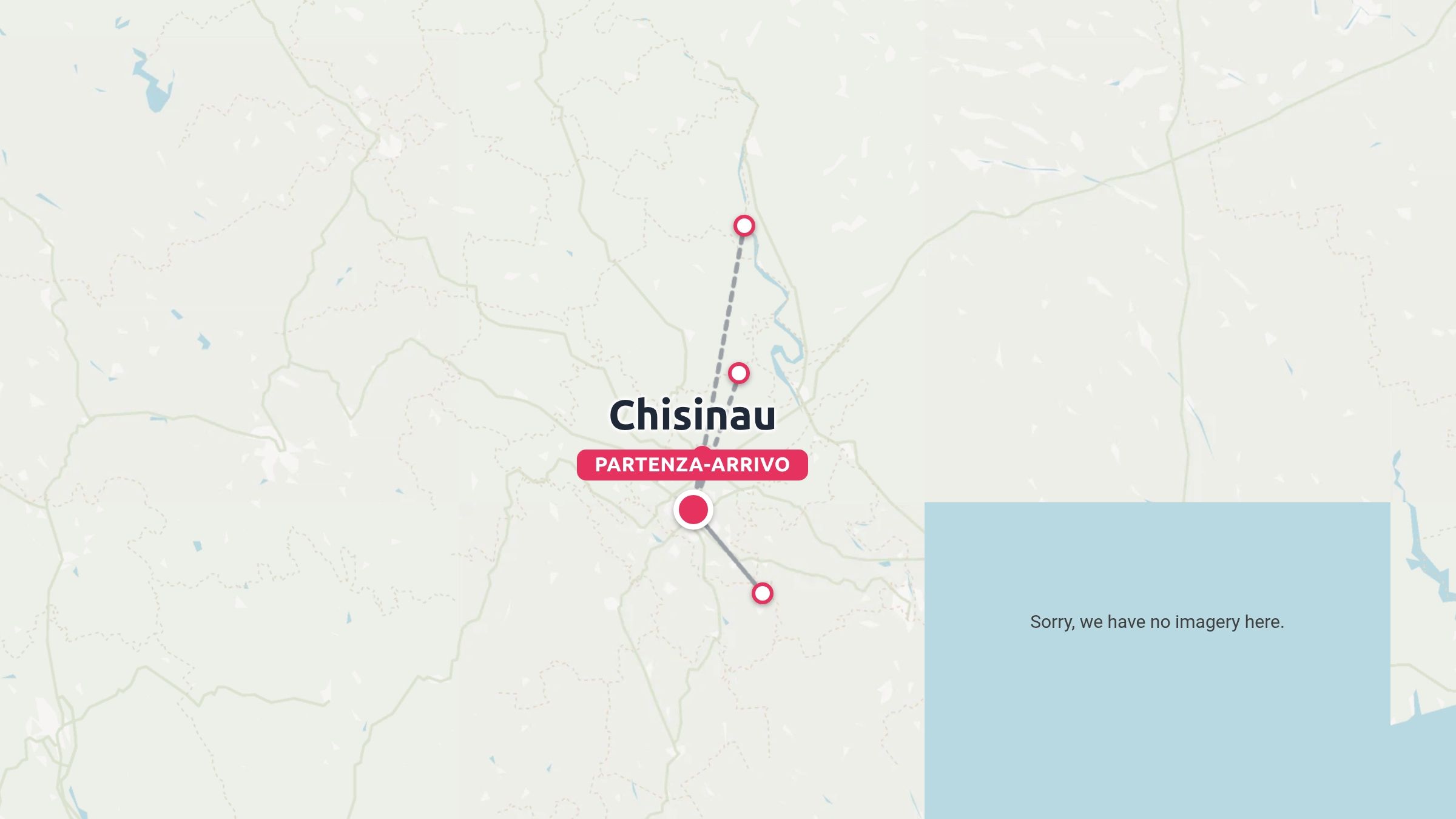 Una mappa di itinerario di viaggio incentrata su Chisinau che mostra i punti di partenza e di arrivo lungo le linee dell'itinerario di collegamento