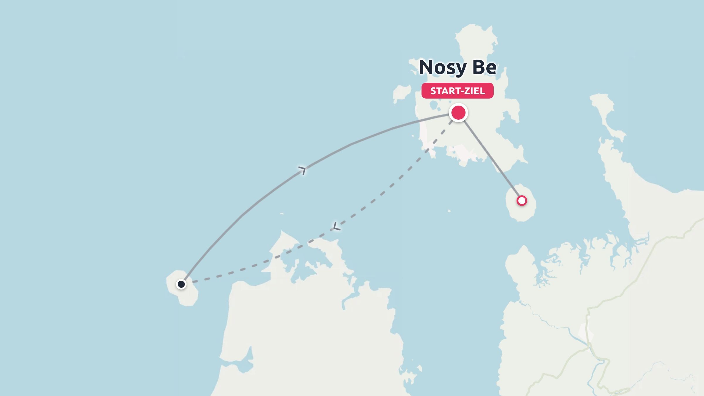 Eine Reiseroute mit Start und Ende in Nosy Be, die zu nahe gelegenen Küstenpunkten führt.