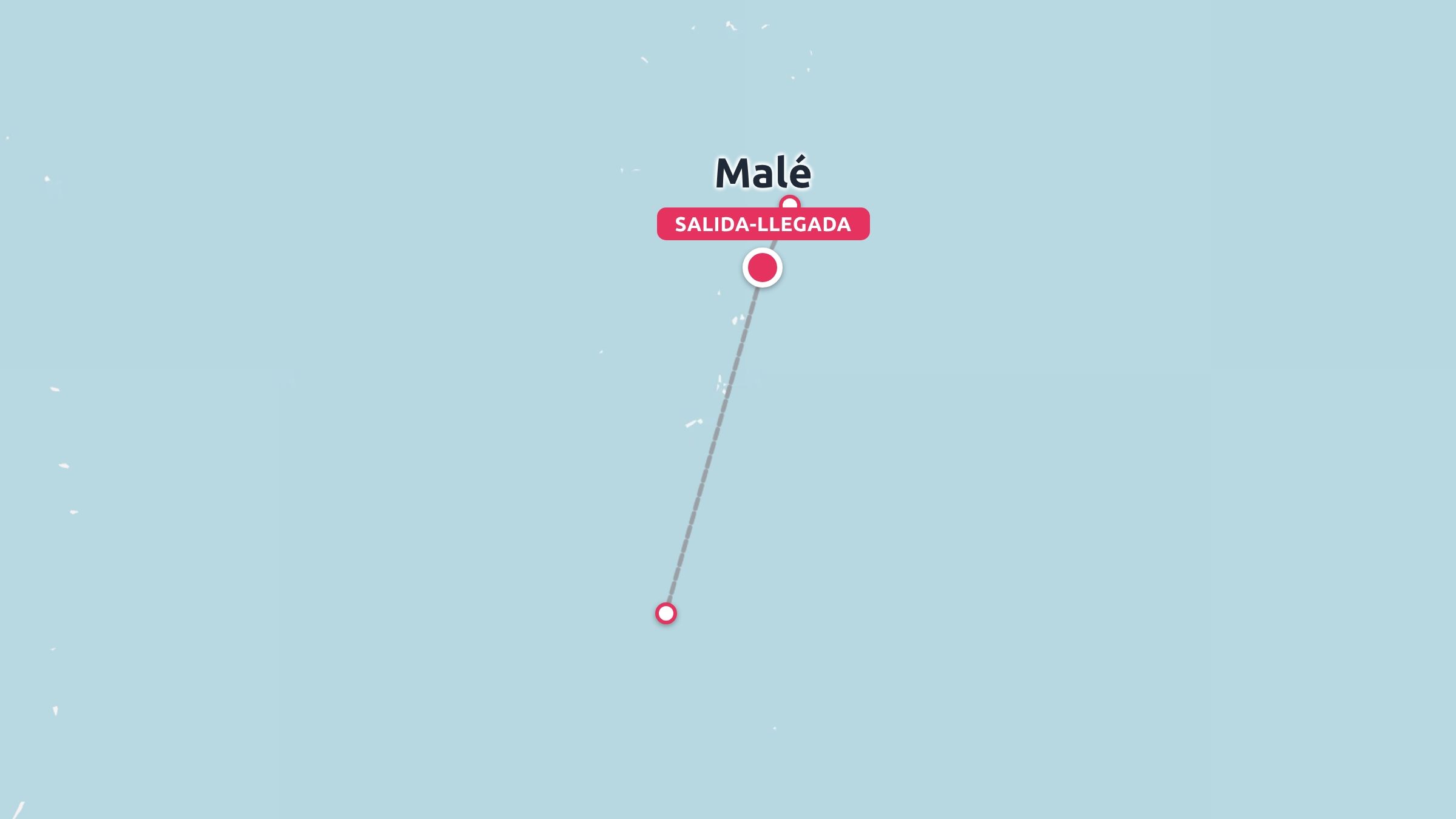 Un mapa de ruta de viaje que muestra una línea entre dos puntos en el océano, con Malé etiquetada como salida y llegada.