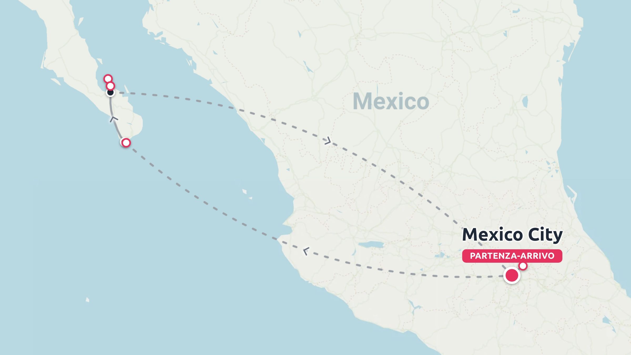 Mappa dell'itinerario di viaggio del Messico che mostra una rotta di volo che collega Città del Messico con la penisola di Bassa California