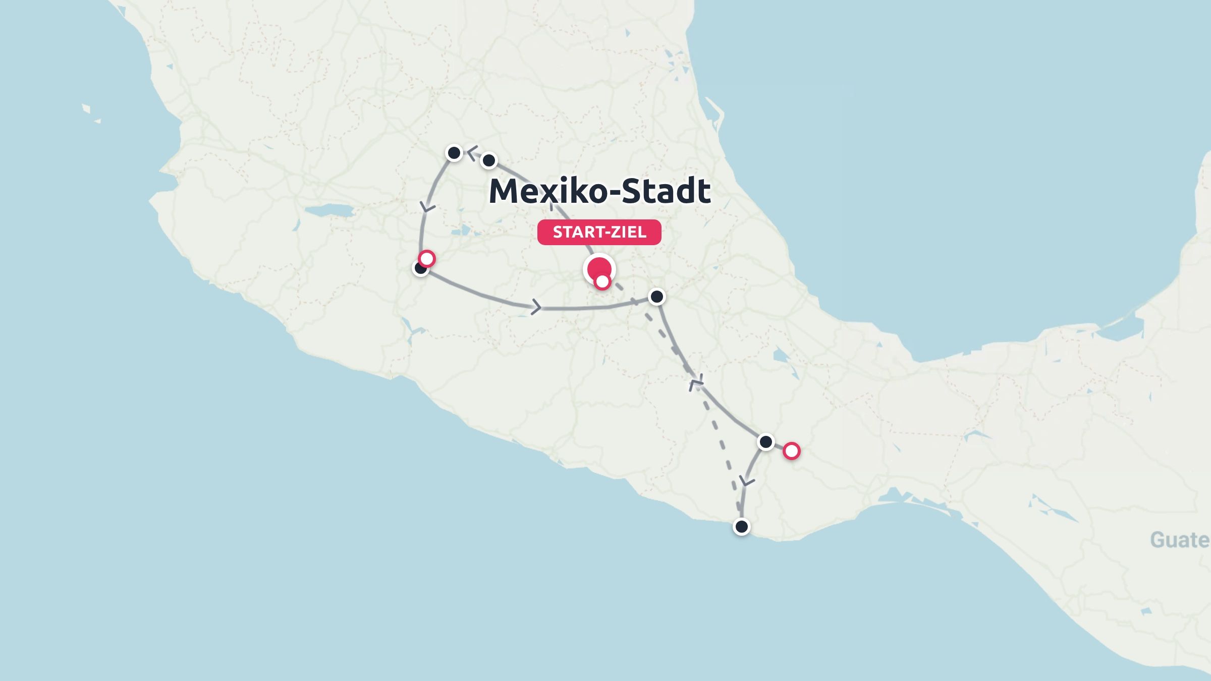 Reiseroute durch Mexiko als Rundreise mit Start und Ziel in Mexiko-Stadt und eingezeichneten Stopps