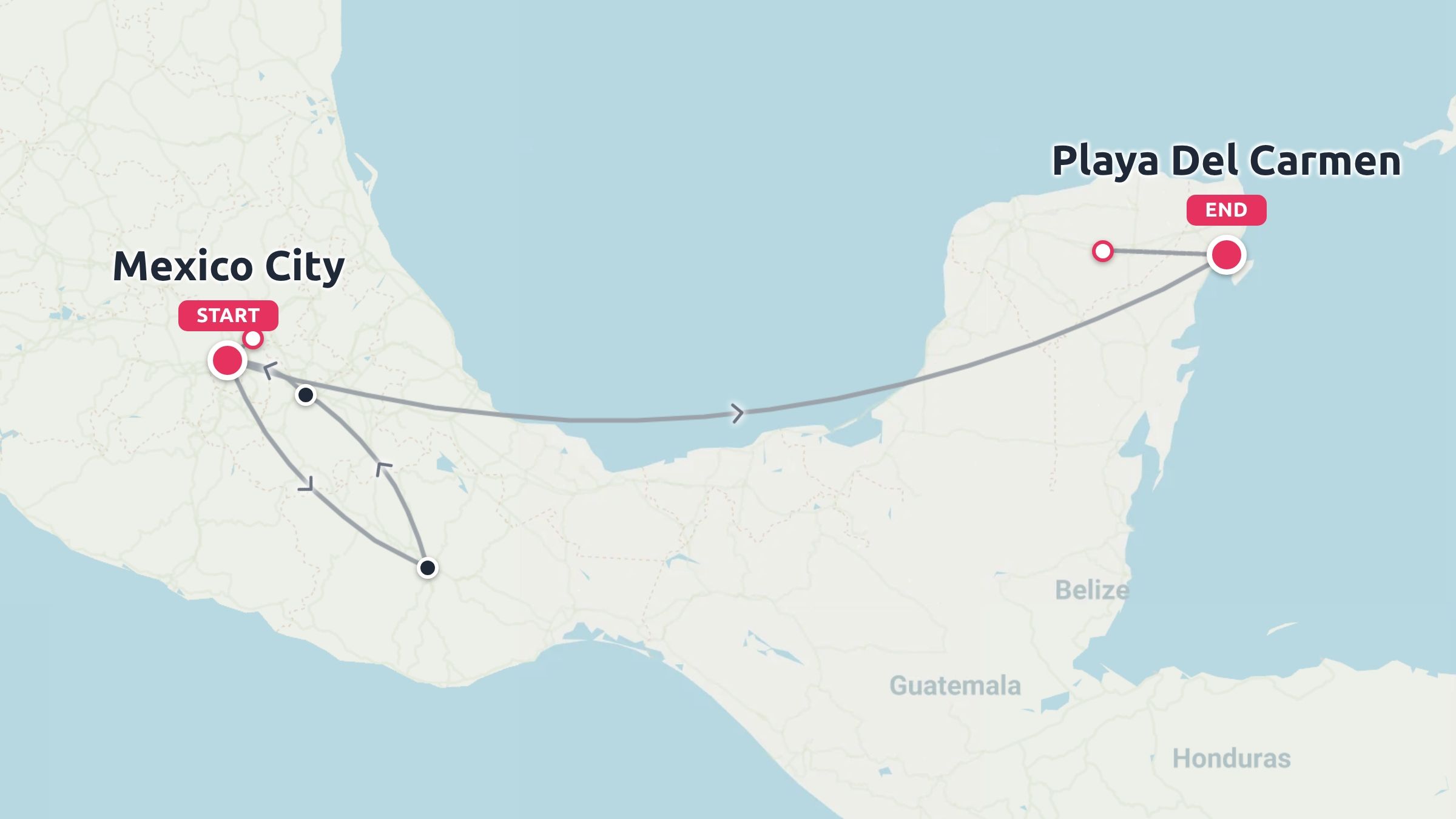 Travel route map across Mexico showing an itinerary starting in Mexico City and ending in Playa Del Carmen.