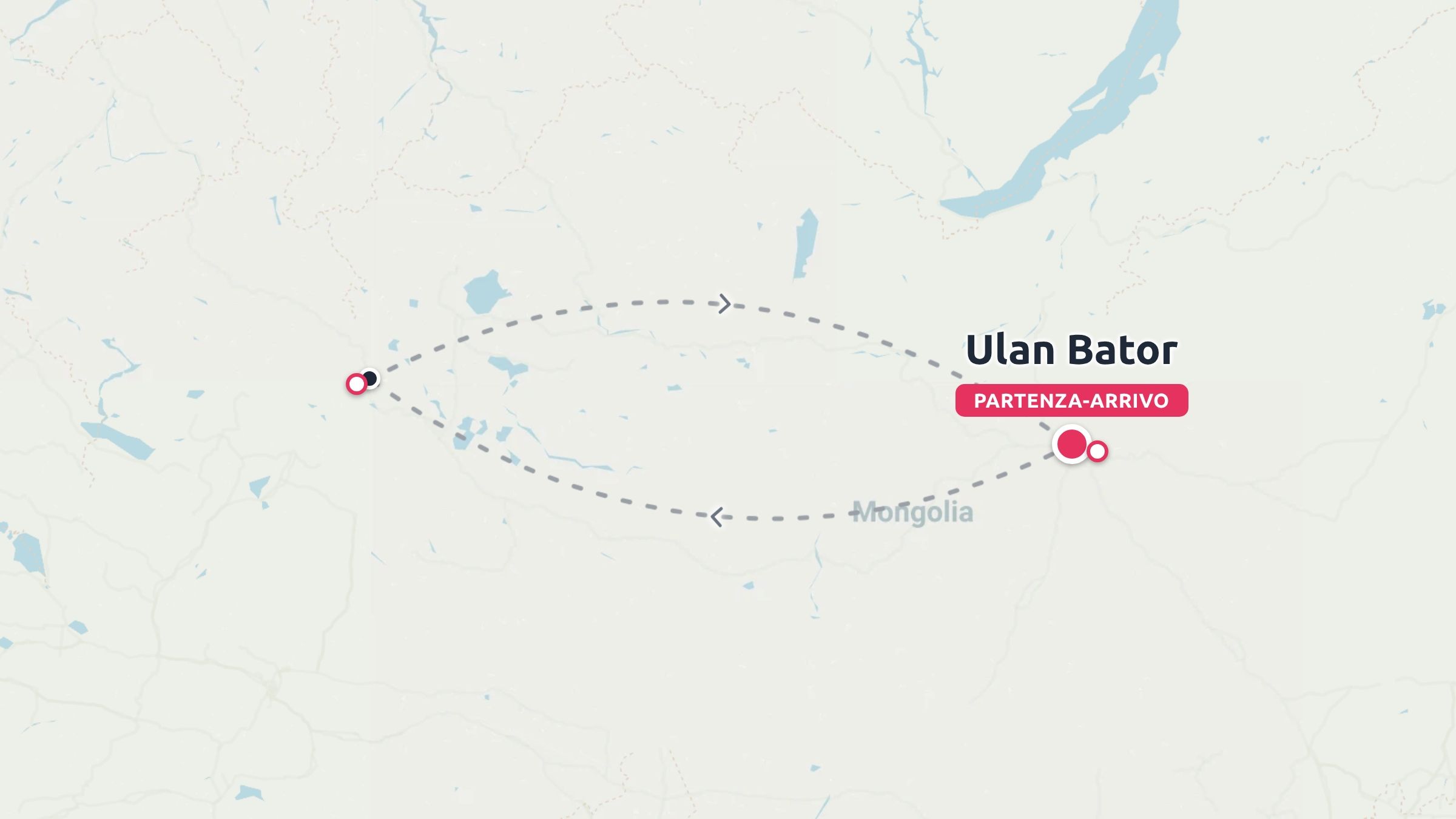 Una mappa dell'itinerario di viaggio che mostra un anello di andata e ritorno con partenza e arrivo a Ulan Bator, in Mongolia.