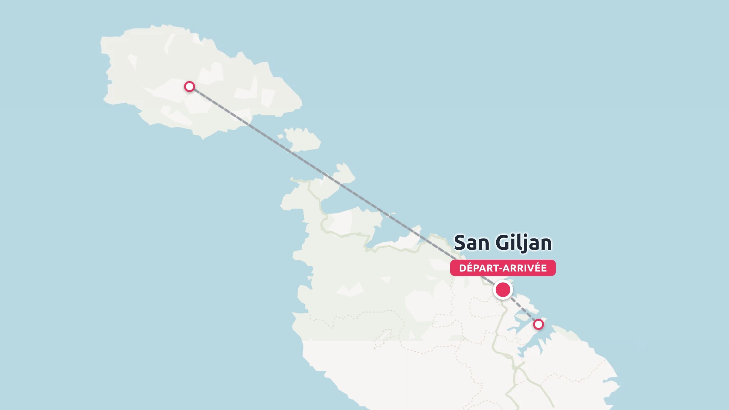 Une carte montrant un itinéraire de voyage reliant Gozo et Malte, avec San Giljan indiqué comme point de départ et d'arrivée.