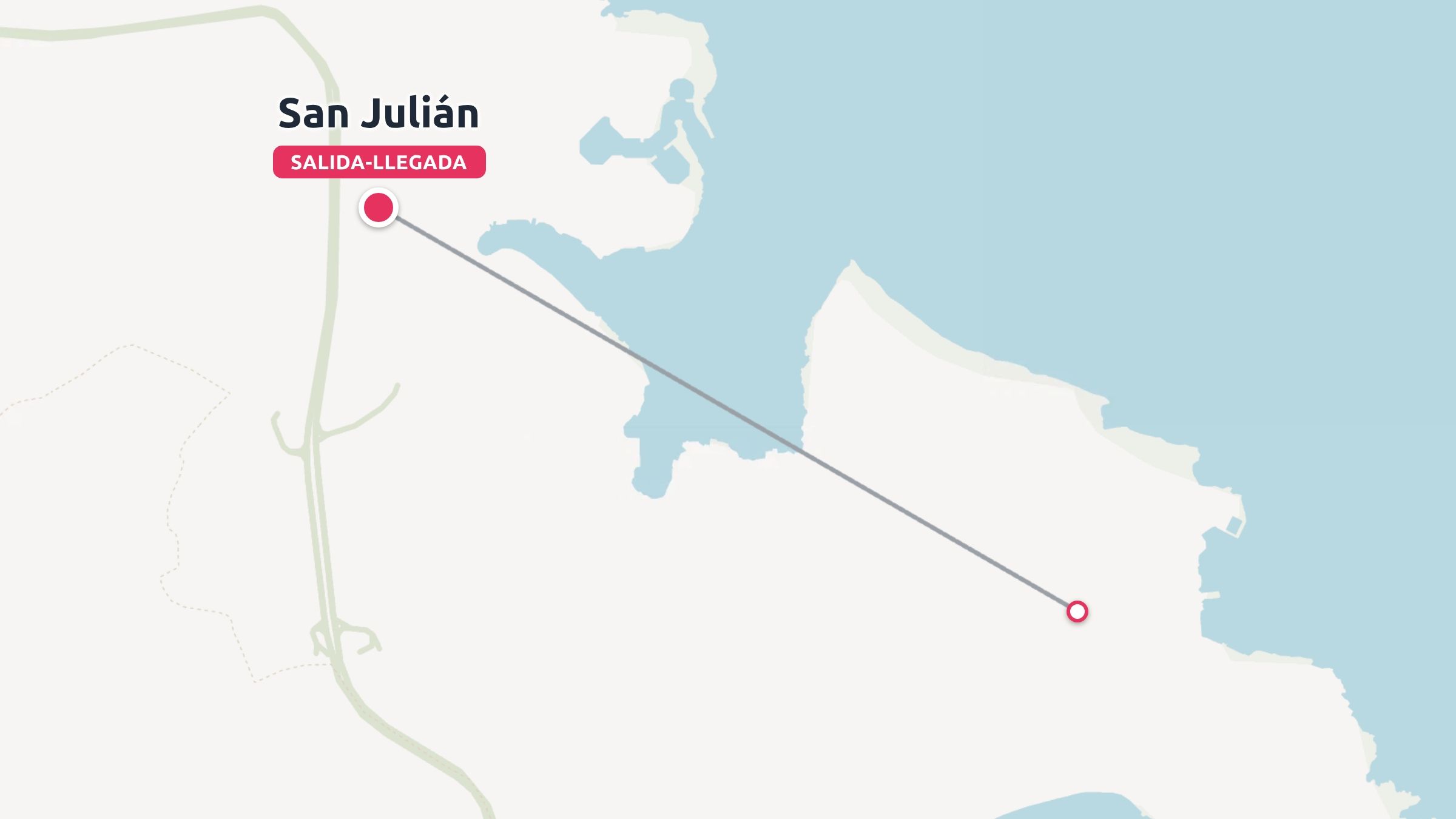 Un mapa de viaje que muestra una línea de ruta directa que comienza y termina en San Julián a lo largo de la costa