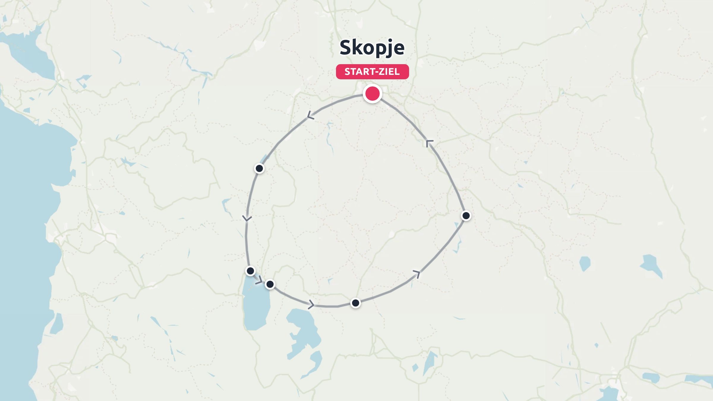 Eine Reiseroute, die eine Rundreise mit Start und Ziel in Skopje zeigt.