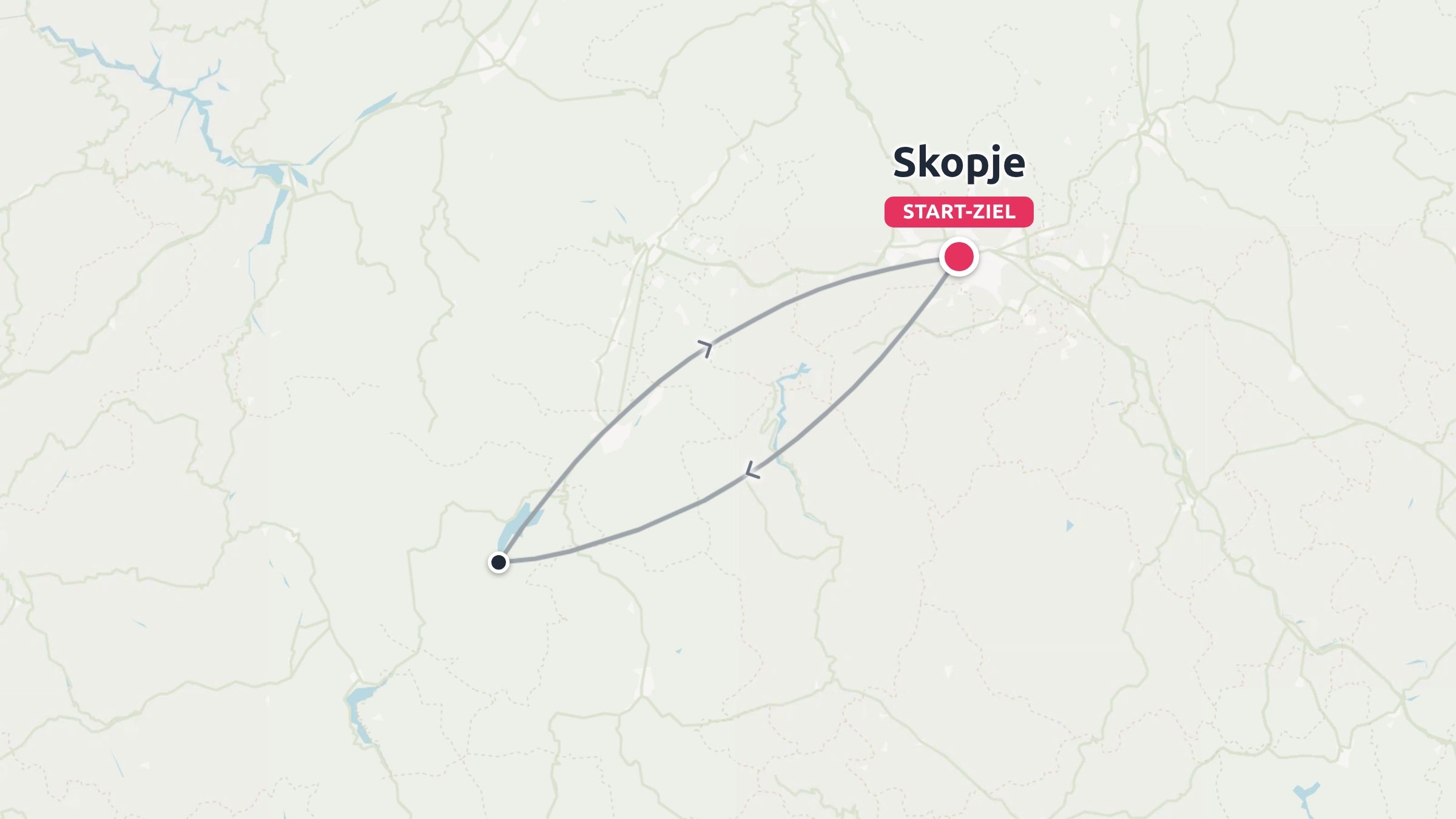 Eine Reiseroute, die eine Rundreise mit Start und Ziel in Skopje und einer Schleife nach Südwesten zeigt.