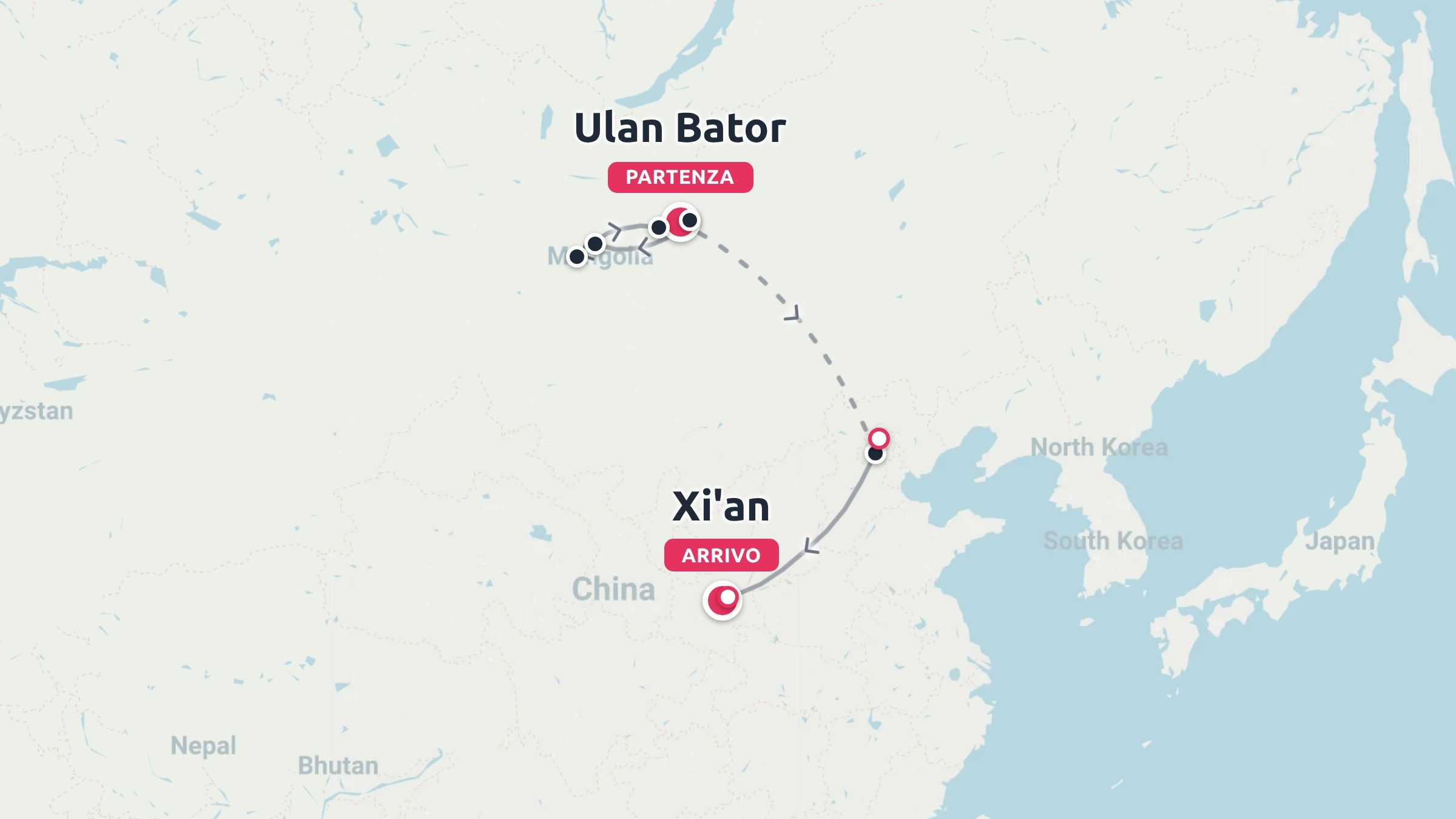 Mappa dell'itinerario di viaggio con percorso da Ulan Bator in Mongolia a Xi'an in Cina